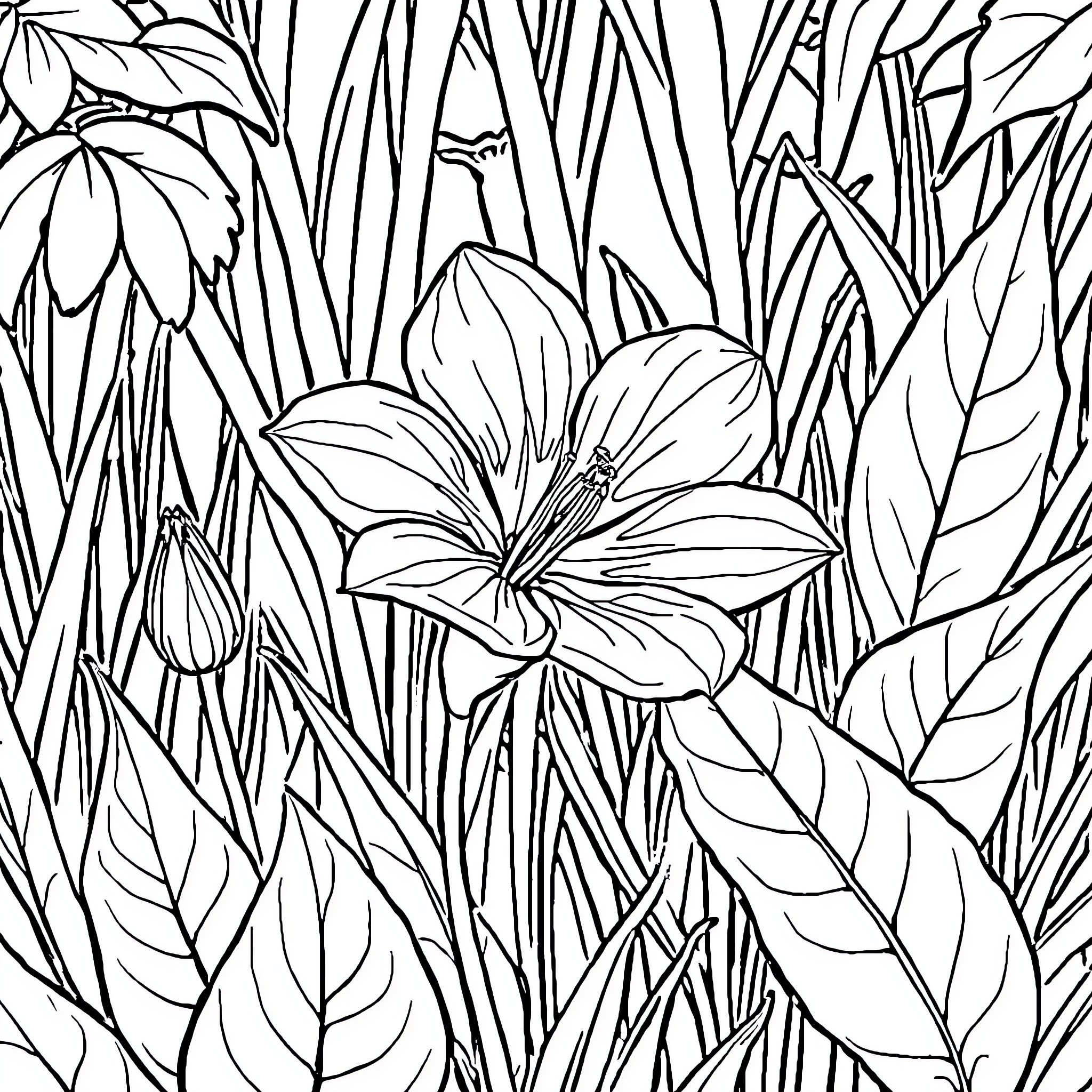 Flower Garden with Blooming Petals Coloring Page (free black-and-white line drawing printable PDF for all, from beginners to advanced learners, including children, teens, adults, and seniors)