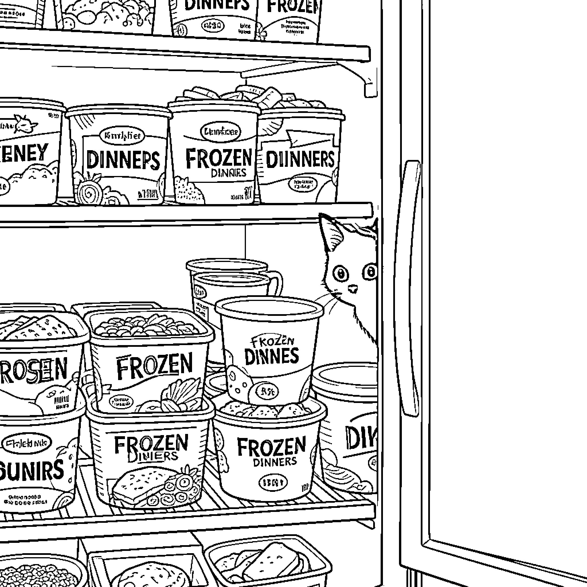 Kitten peeking curiously from behind frozen food containers Coloring Page (free black-and-white line drawing printable PDF for all, from beginners to advanced learners, including children, teens, adults, and seniors)