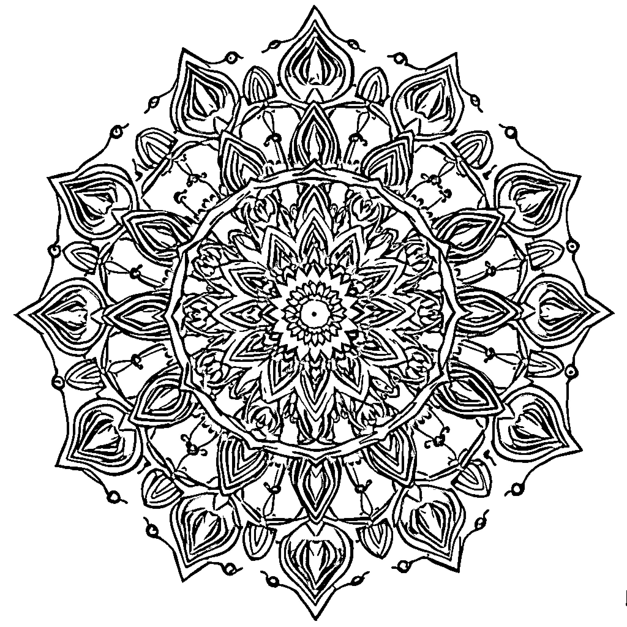 Mandala with intricate floral patterns Coloring Page (free black-and-white line drawing printable PDF for all, from beginners to advanced learners, including children, teens, adults, and seniors)