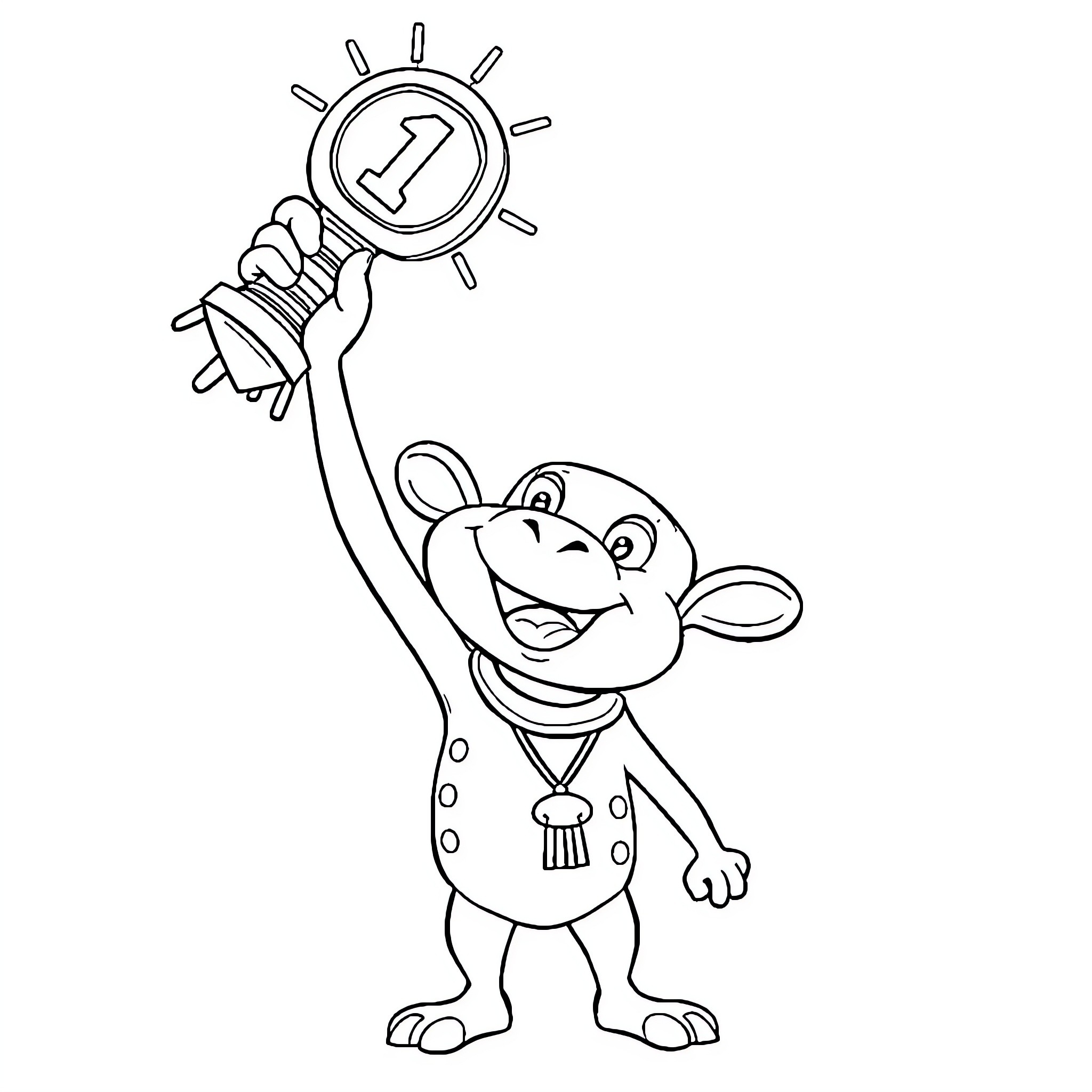 Labubu happily holding a clock with sun Coloring Page (free black-and-white line drawing printable PDF for all, from beginners to advanced learners, including children, teens, adults, and seniors)