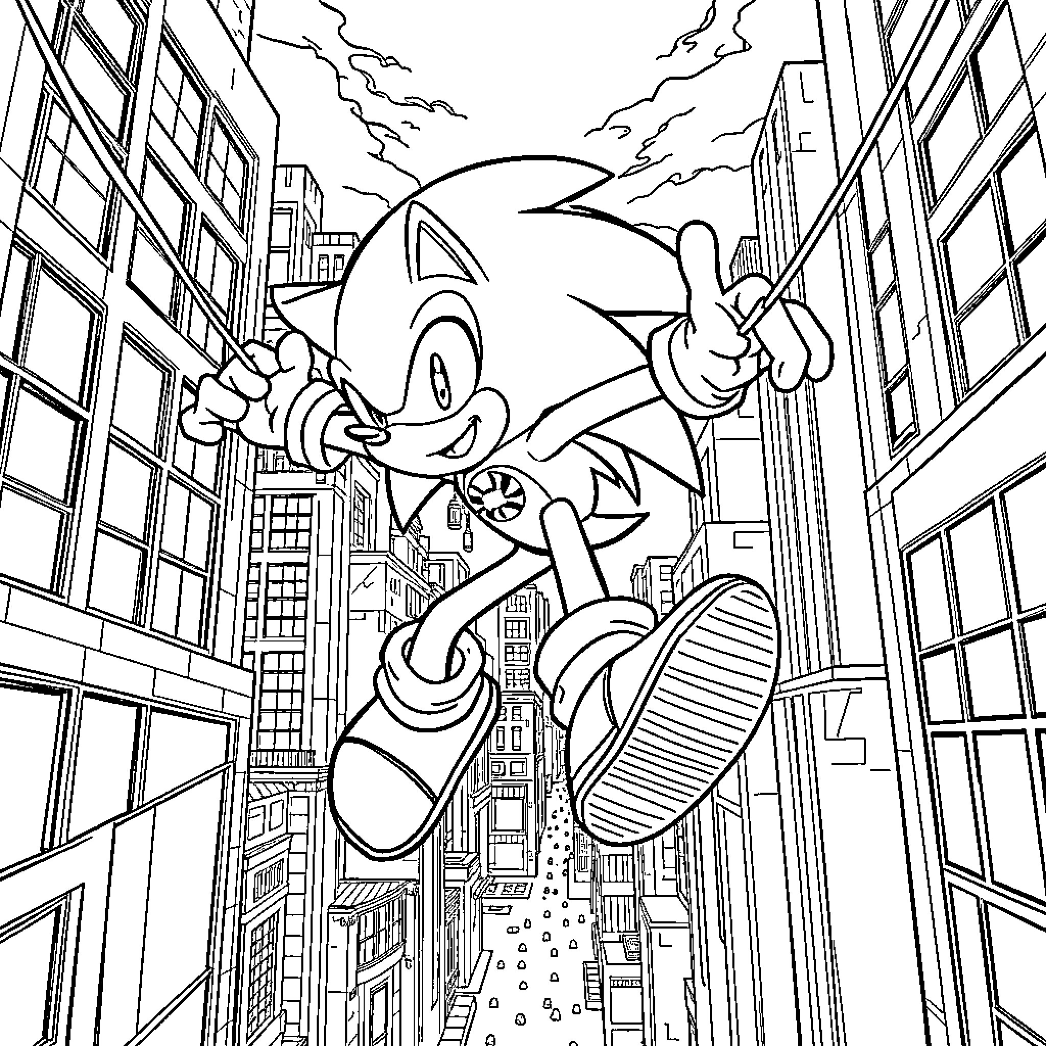 Sonic Sprinting Through the City Skyline Coloring Page (free black-and-white line drawing printable PDF for all, from beginners to advanced learners, including children, teens, adults, and seniors)