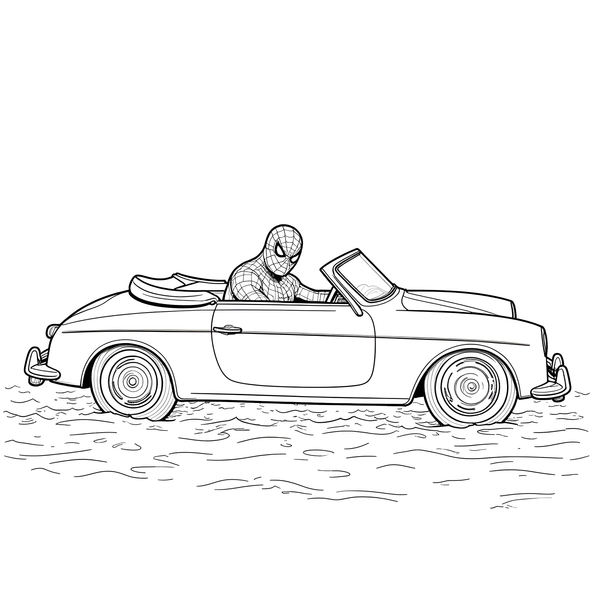 Spiderman drives a convertible car on the road Coloring Page (free black-and-white line drawing printable PDF for all, from beginners to advanced learners, including children, teens, adults, and seniors)