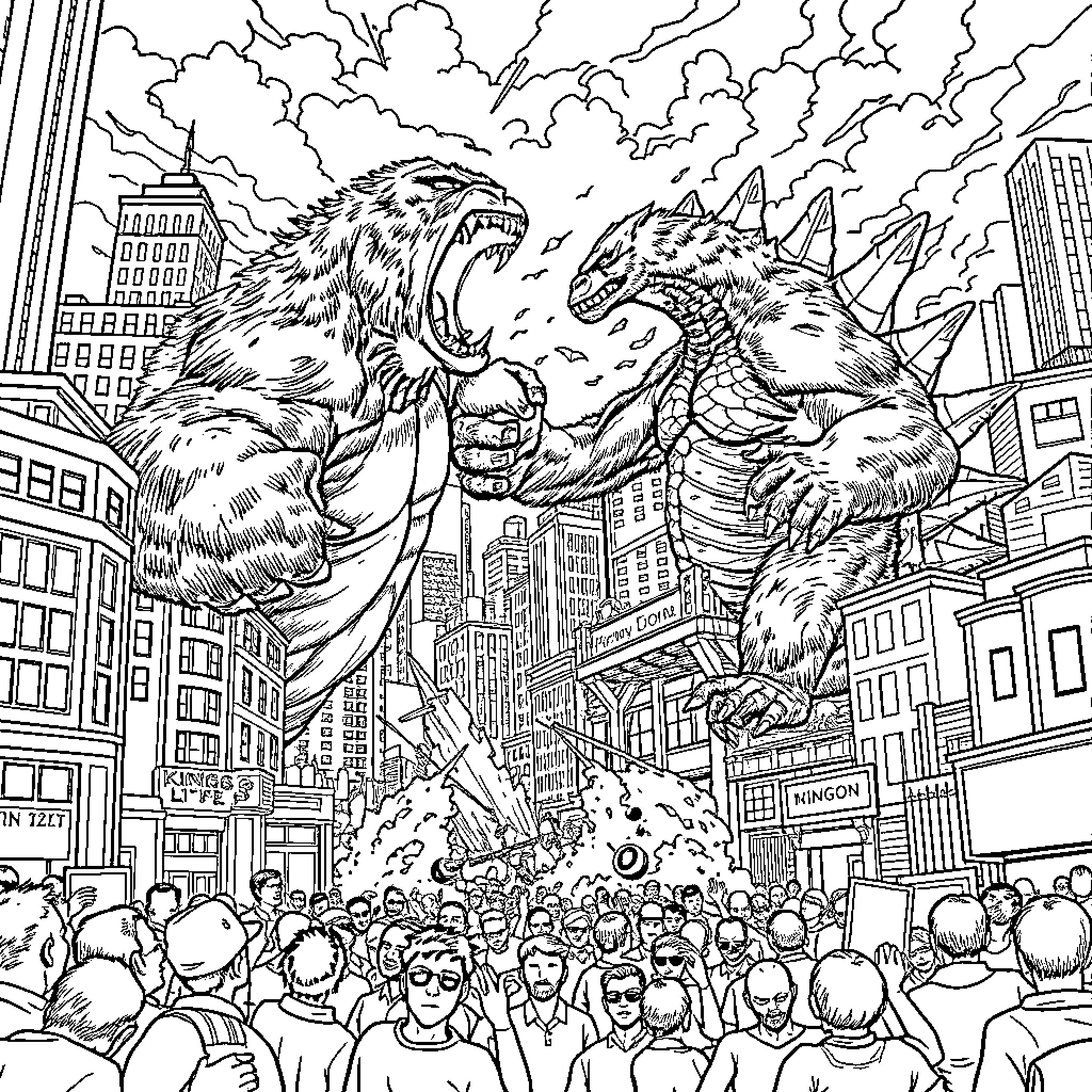 King Kong battling a giant monster in the city Coloring Page (free black-and-white line drawing printable PDF for all, from beginners to advanced learners, including children, teens, adults, and seniors)