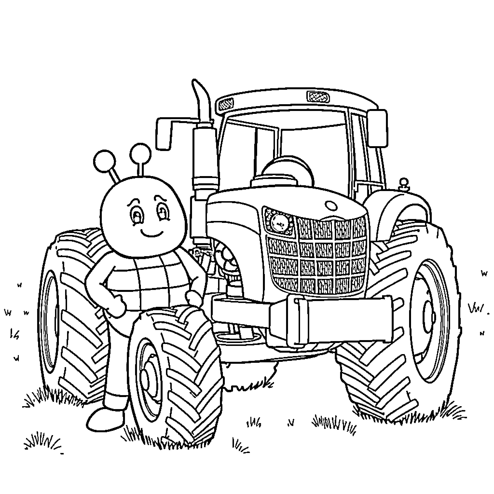Patrouille of tractors and farm characters Coloring Page (free black-and-white line drawing printable PDF for all, from beginners to advanced learners, including children, teens, adults, and seniors)