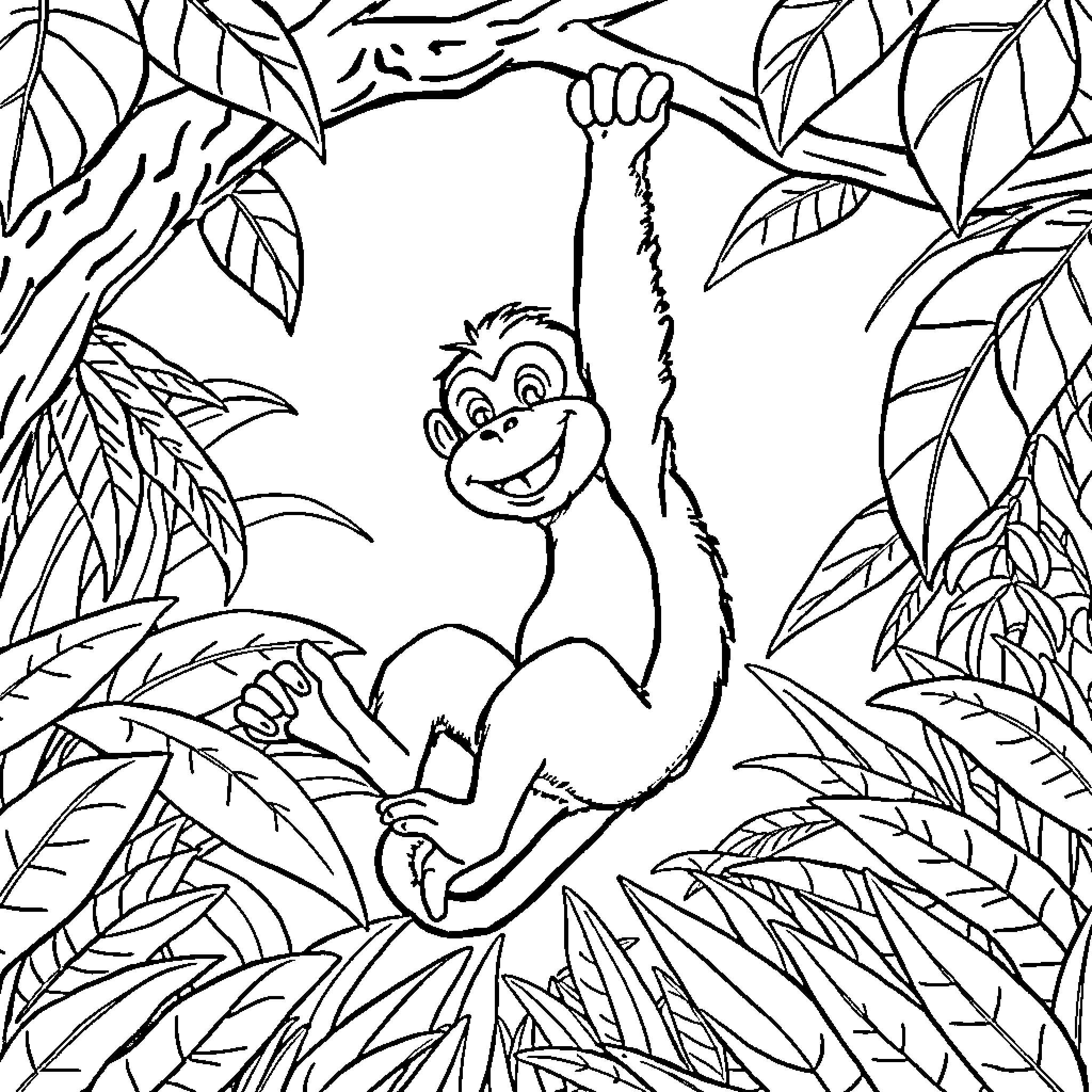 Monkey playing joyfully in the jungle Coloring Page (free black-and-white line drawing printable PDF for all, from beginners to advanced learners, including children, teens, adults, and seniors)