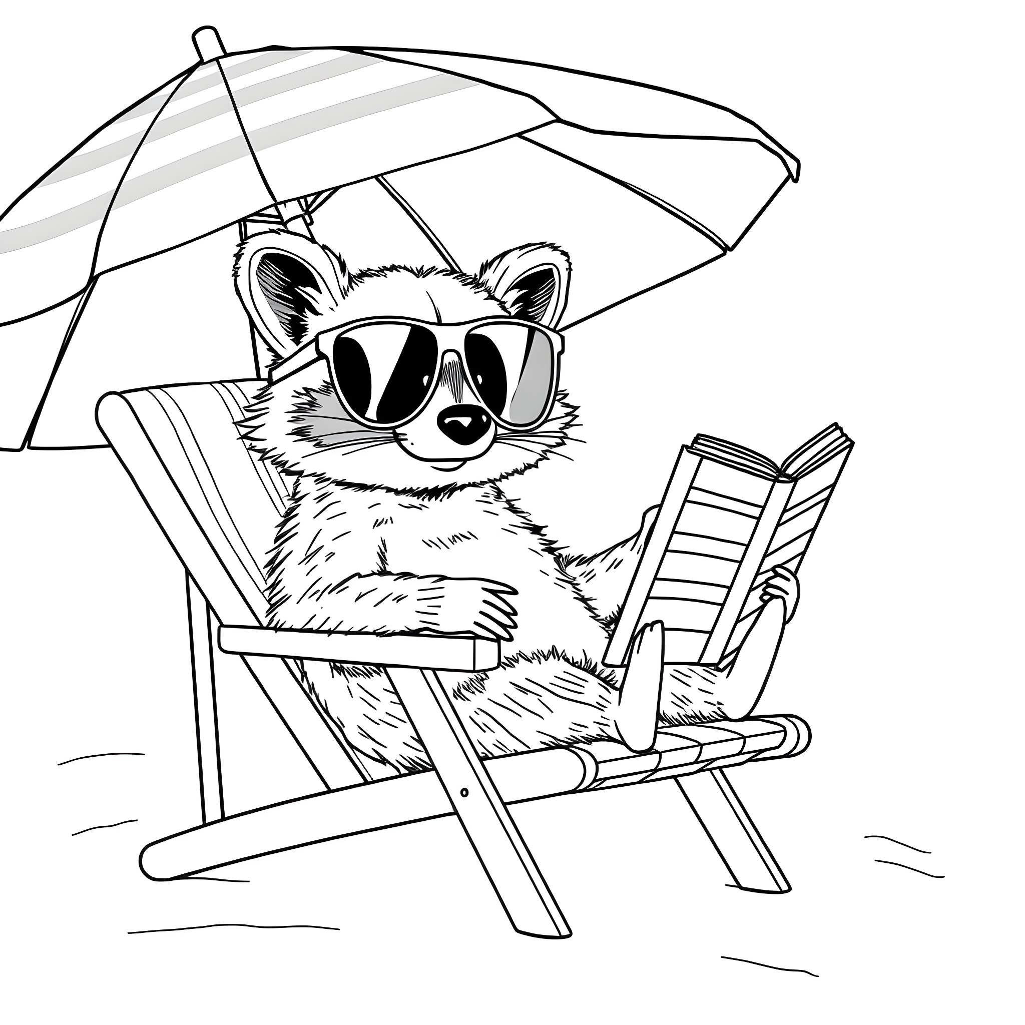 Raccoon relaxing on beach chair with umbrella and book Coloring Page (free black-and-white line drawing printable PDF for all, from beginners to advanced learners, including children, teens, adults, and seniors)
