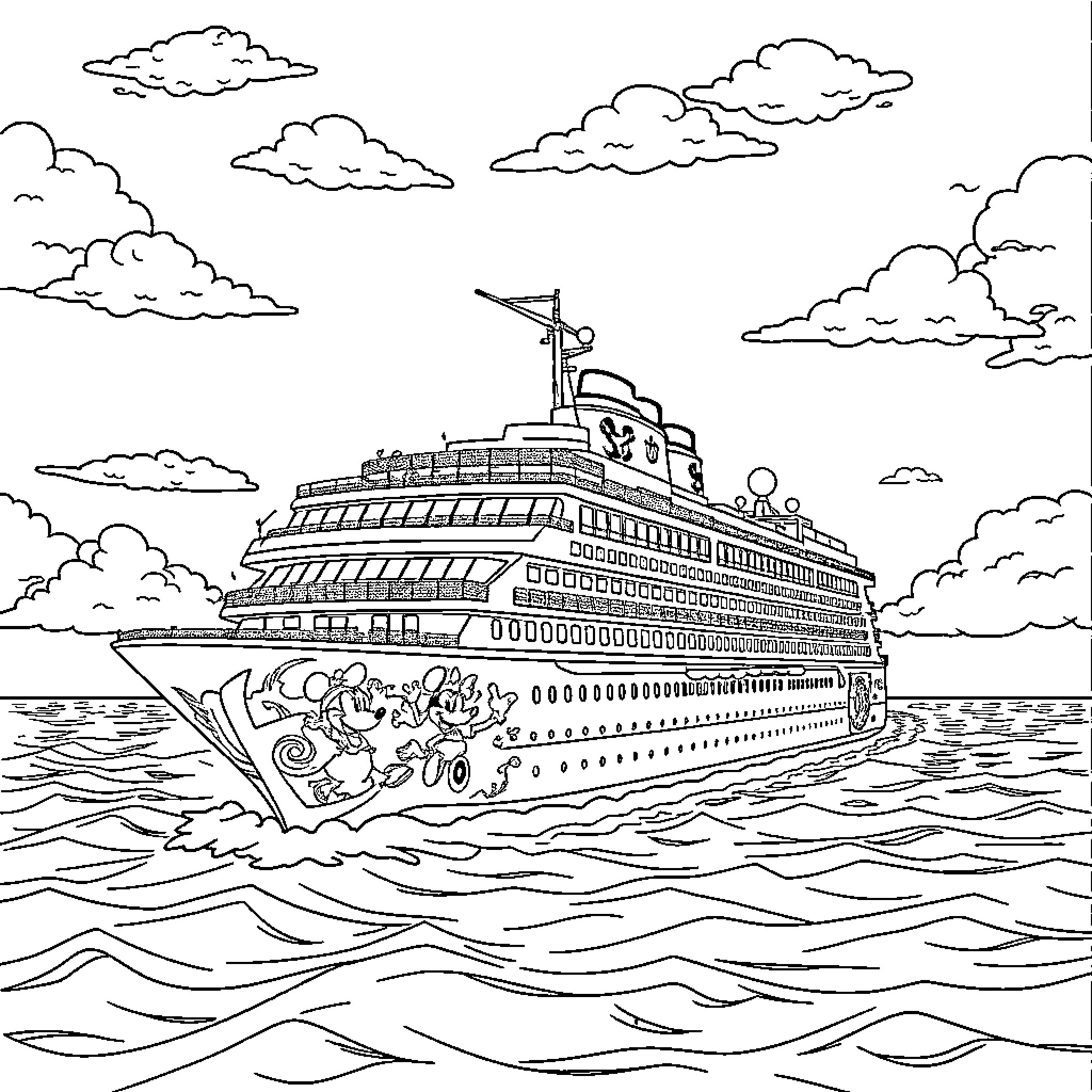 Cruise Ship Sailing Through Choppy Waters Coloring Page (free black-and-white line drawing printable PDF for all, from beginners to advanced learners, including children, teens, adults, and seniors)