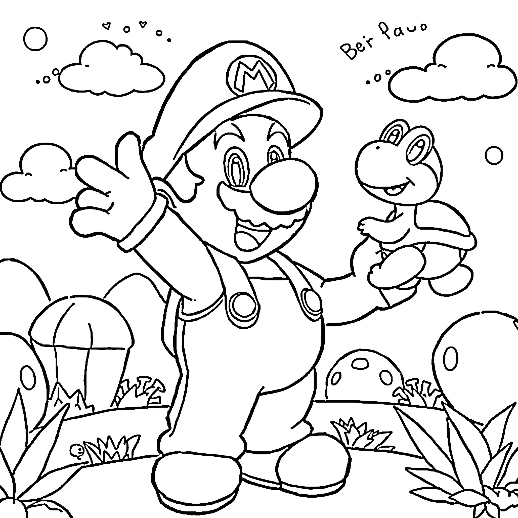 Mario's Adventure with Yoshi in the Mushroom Kingdom Coloring Page (free black-and-white line drawing printable PDF for all, from beginners to advanced learners, including children, teens, adults, and seniors)