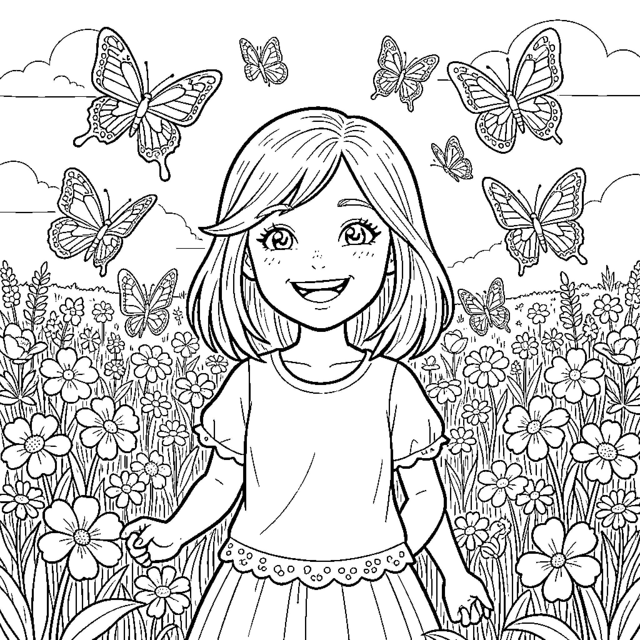 Chica playing happily with butterflies in the garden Coloring Page (free black-and-white line drawing printable PDF for all, from beginners to advanced learners, including children, teens, adults, and seniors)
