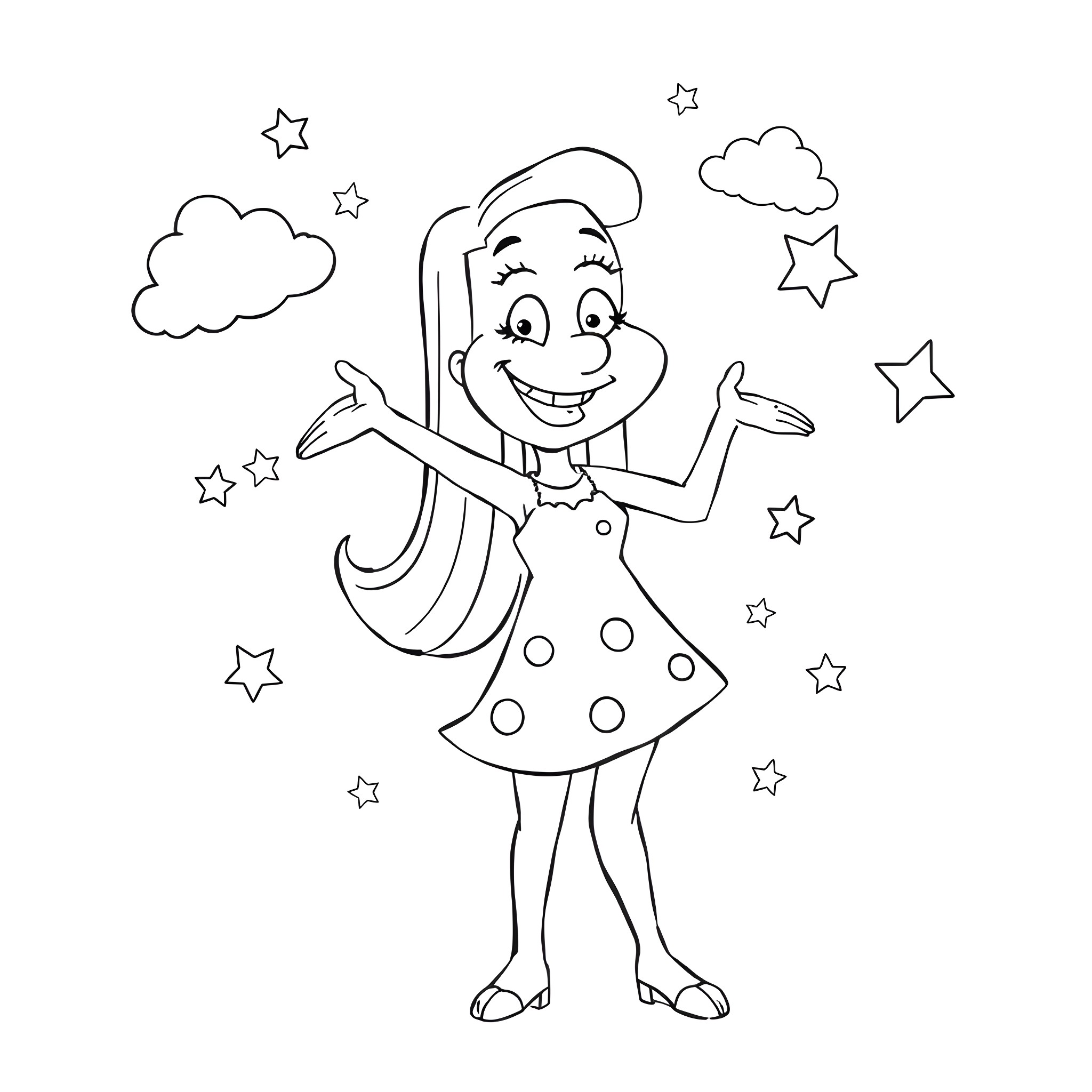 Francine's Playful Star Dance Coloring Page (free black-and-white line drawing printable PDF for all, from beginners to advanced learners, including children, teens, adults, and seniors)