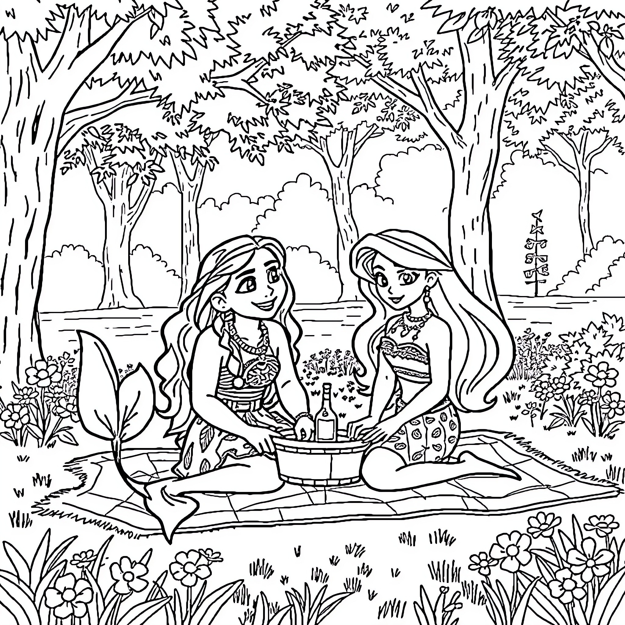 Moana enjoying a picnic with a friend in the lush forest Coloring Page (free black-and-white line drawing printable PDF for all, from beginners to advanced learners, including children, teens, adults, and seniors)