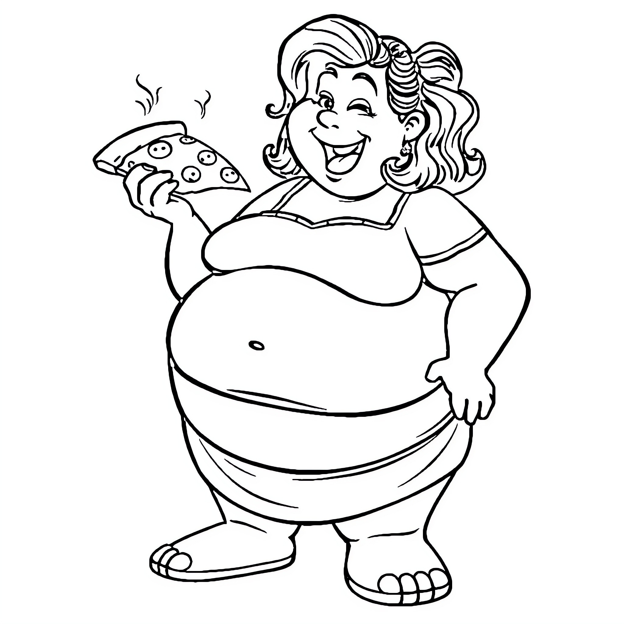 Lady enjoying a slice of pizza Coloring Page (free black-and-white line drawing printable PDF for all, from beginners to advanced learners, including children, teens, adults, and seniors)