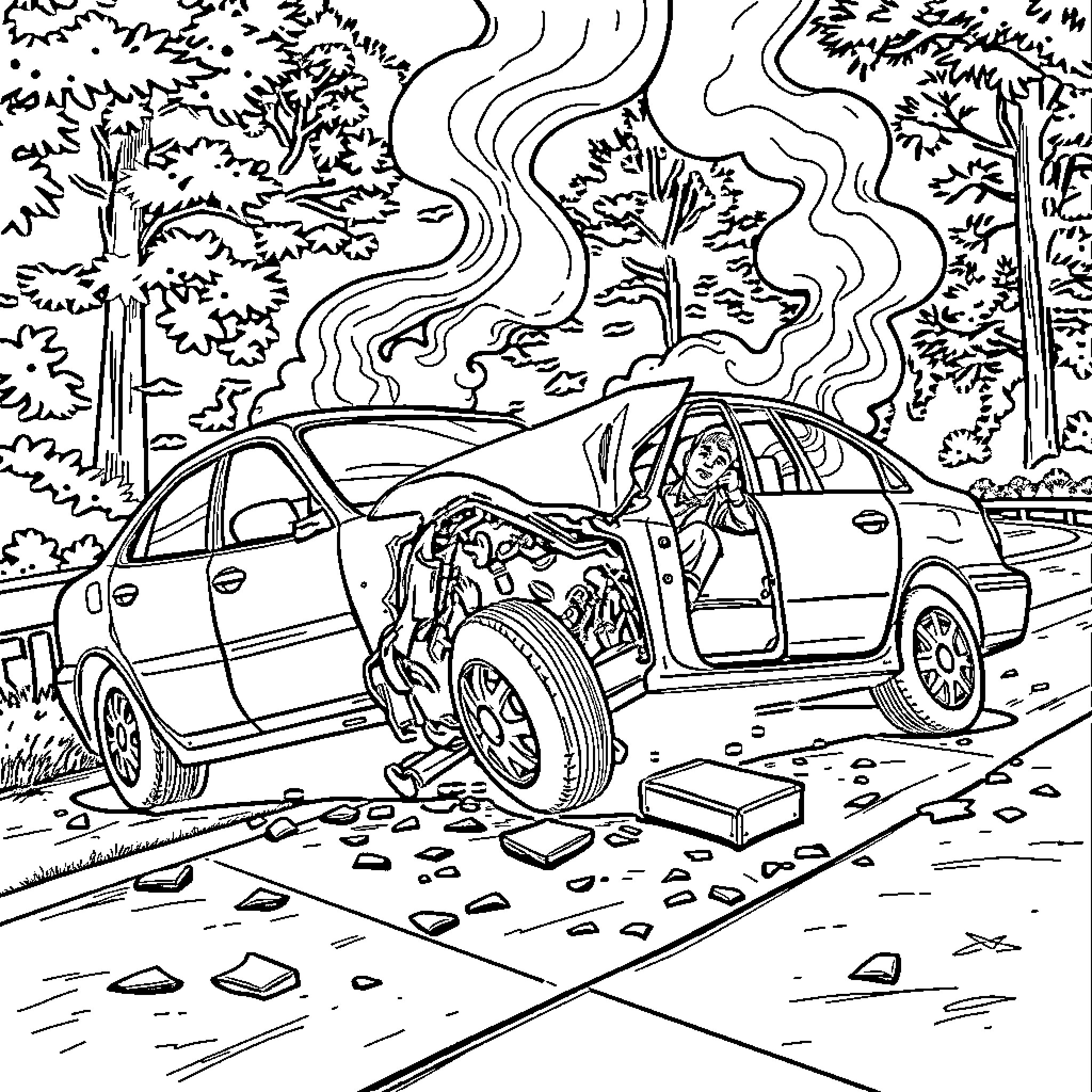 Car Accident in a Wooded Scene Coloring Page (free black-and-white line drawing printable PDF for all, from beginners to advanced learners, including children, teens, adults, and seniors)