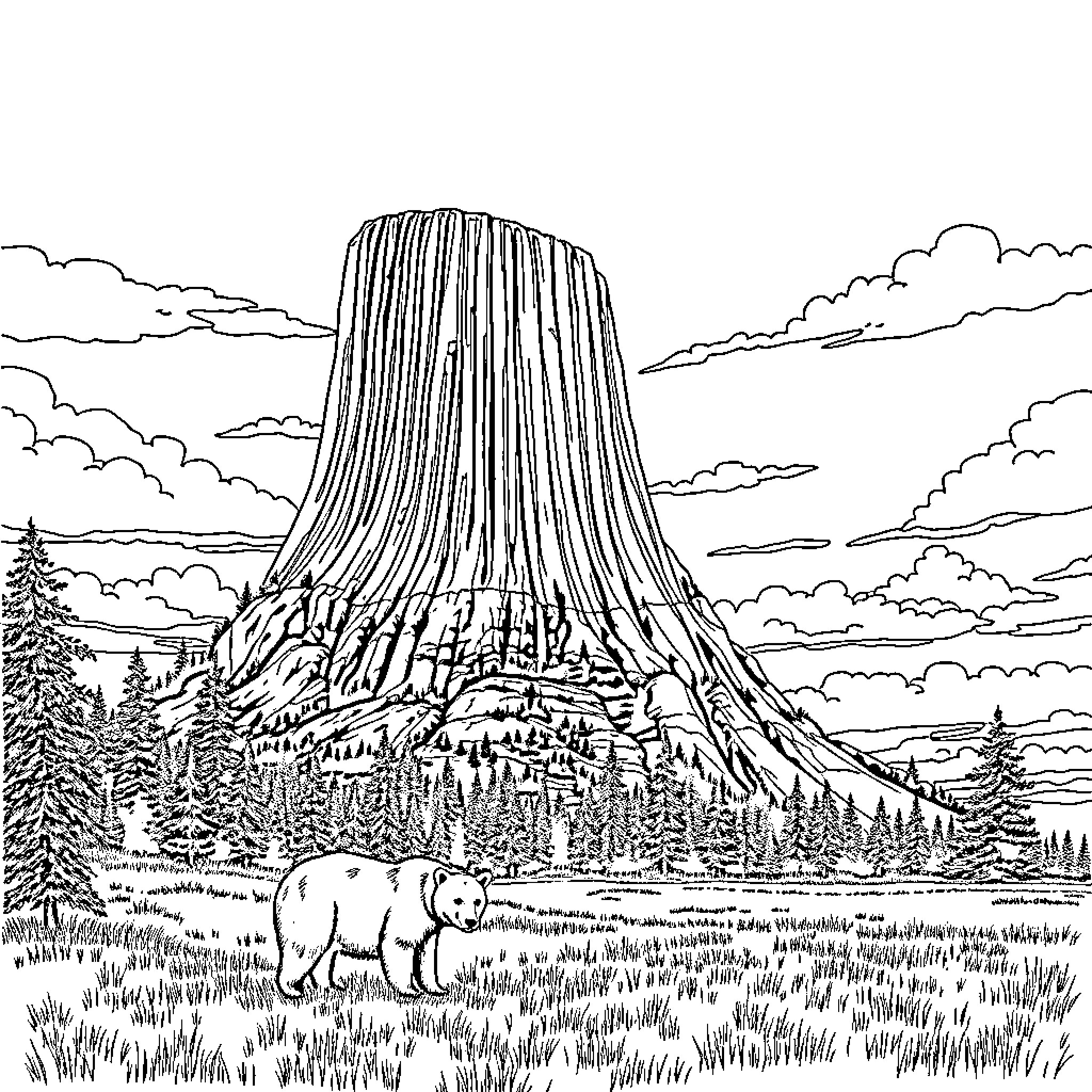 Devil's Tower Looming Over Peaceful Wildlife Scene Coloring Page (free black-and-white line drawing printable PDF for all, from beginners to advanced learners, including children, teens, adults, and seniors)