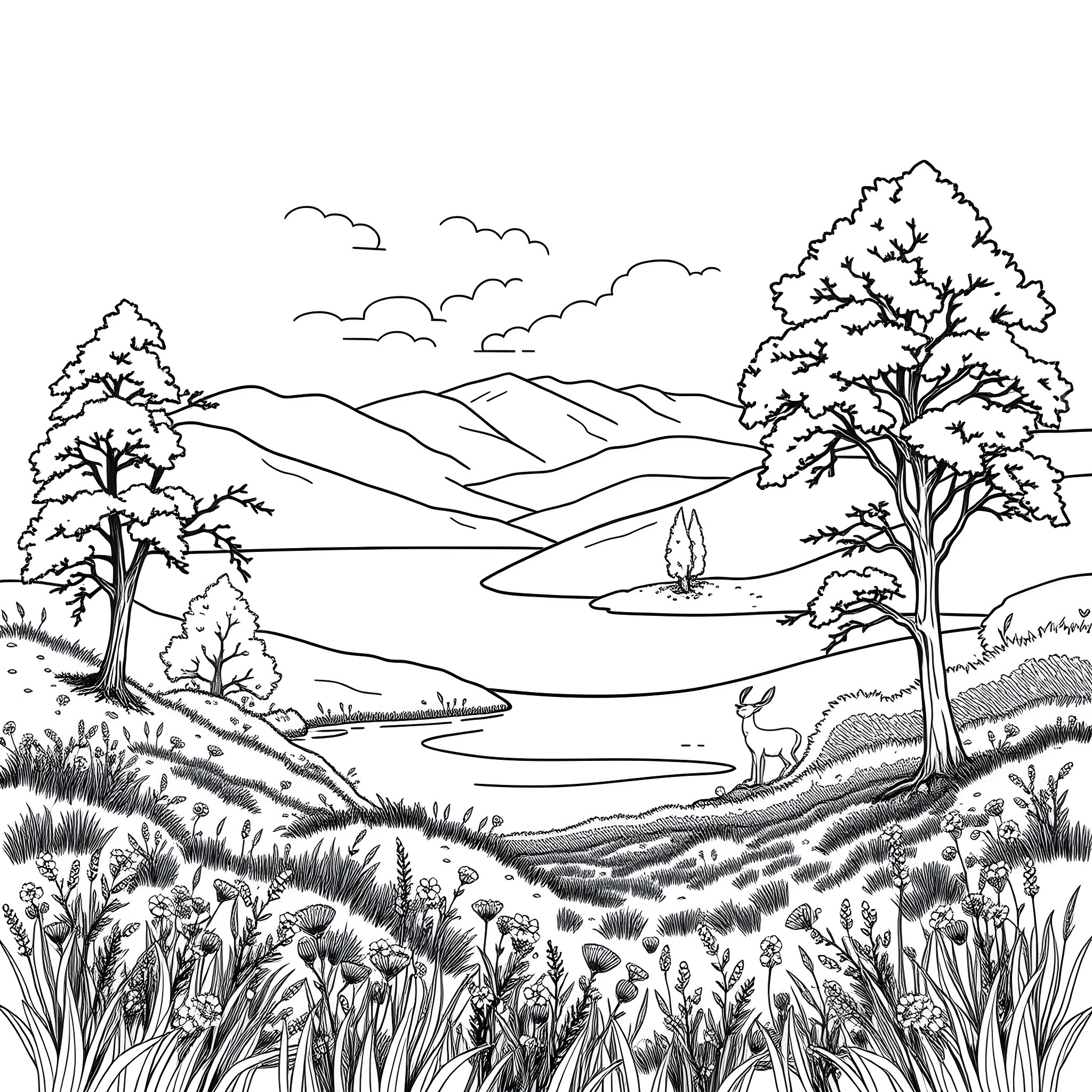 Outdoor Scene with Tranquil Landscape and Wildlife Coloring Page (free black-and-white line drawing printable PDF for all, from beginners to advanced learners, including children, teens, adults, and seniors)
