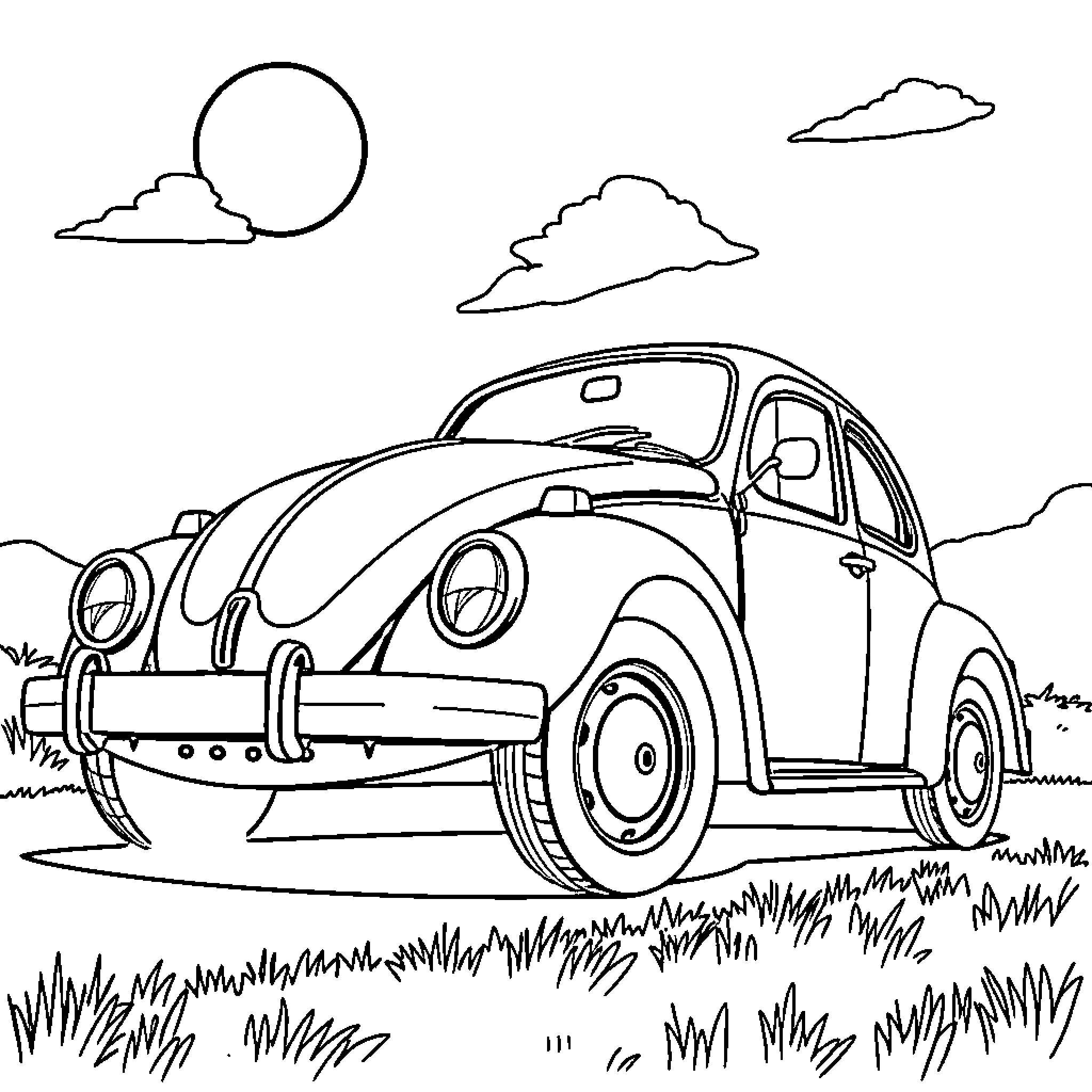 Volkswagen Beetle in a serene outdoor scene Coloring Page (free black-and-white line drawing printable PDF for all, from beginners to advanced learners, including children, teens, adults, and seniors)