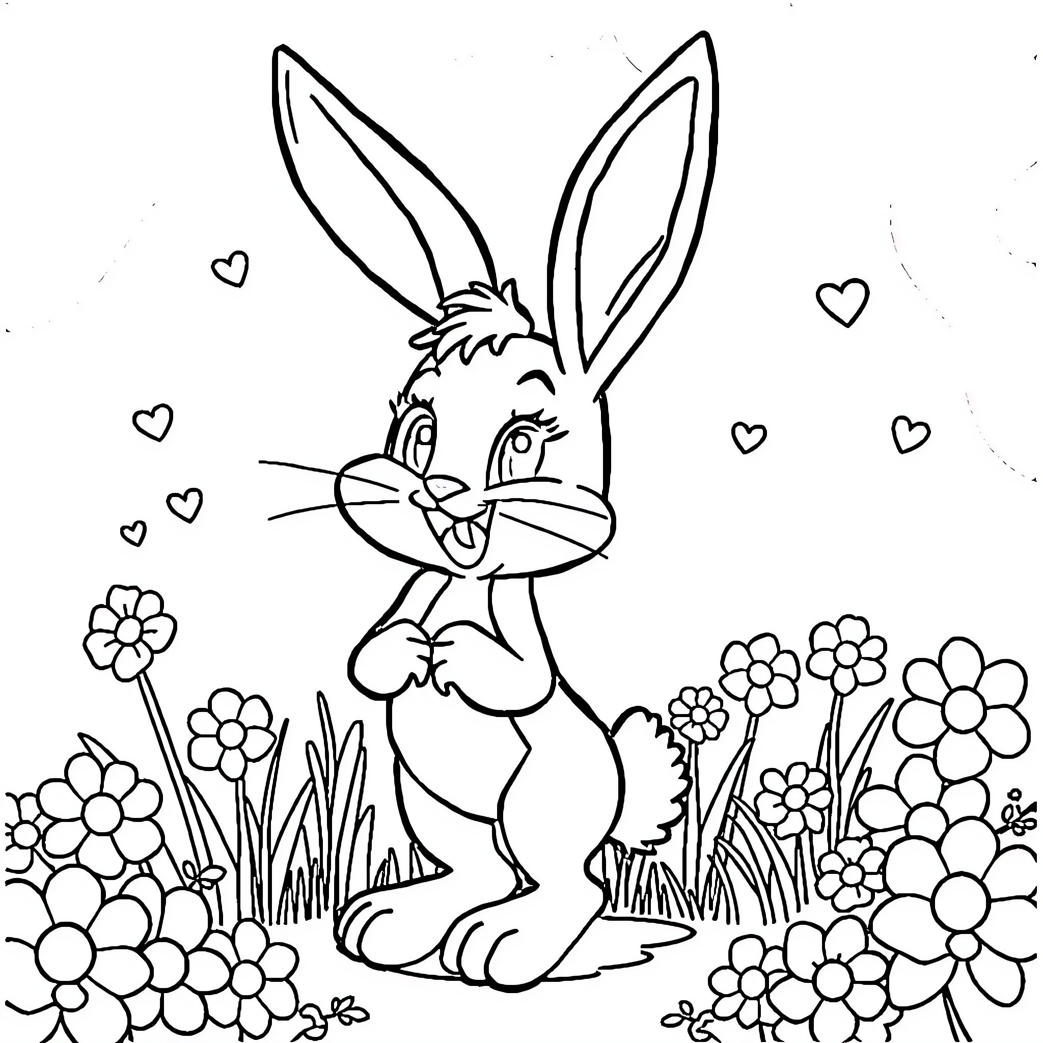 Lola Bunny enjoying a floral meadow Coloring Page (free black-and-white line drawing printable PDF for all, from beginners to advanced learners, including children, teens, adults, and seniors)