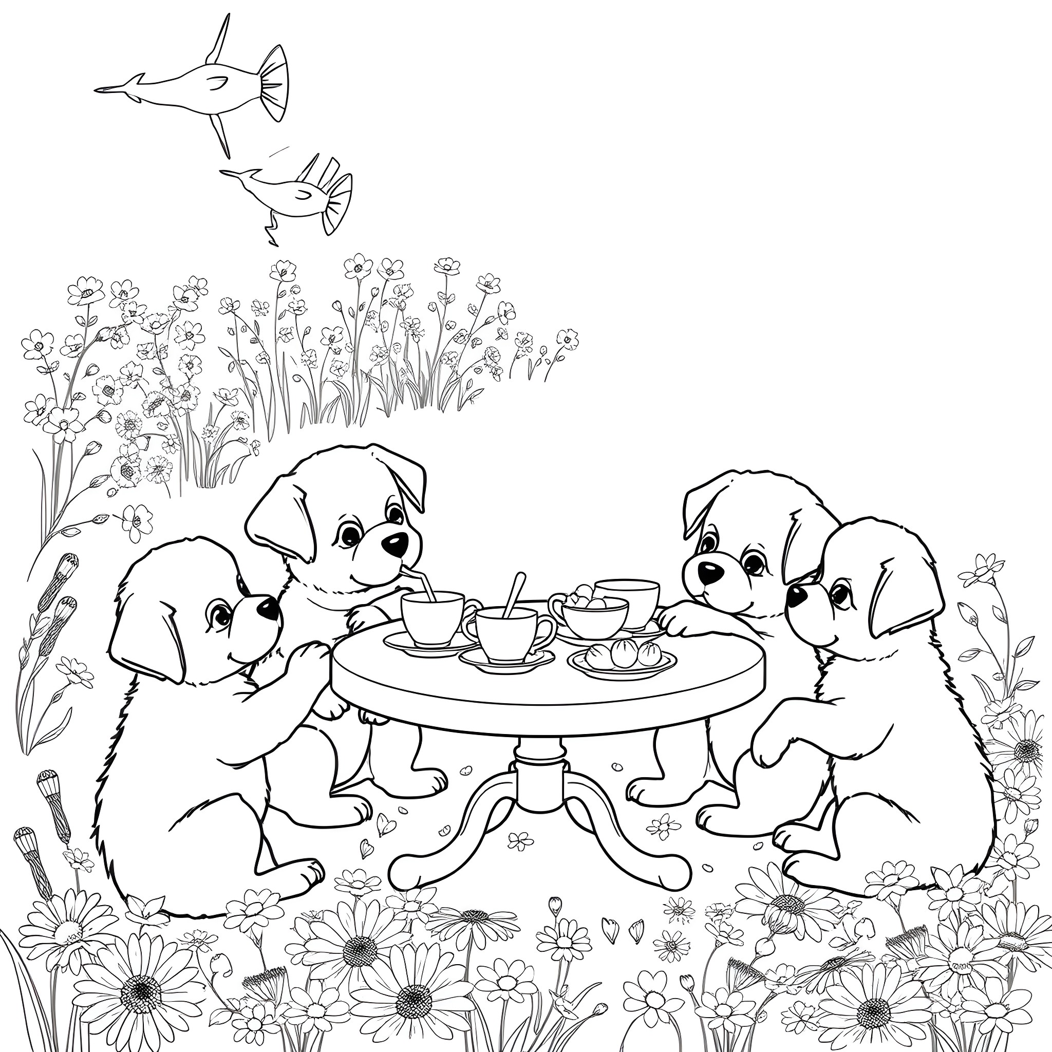 Puppies having a tea party in the garden Coloring Page (free black-and-white line drawing printable PDF for all, from beginners to advanced learners, including children, teens, adults, and seniors)