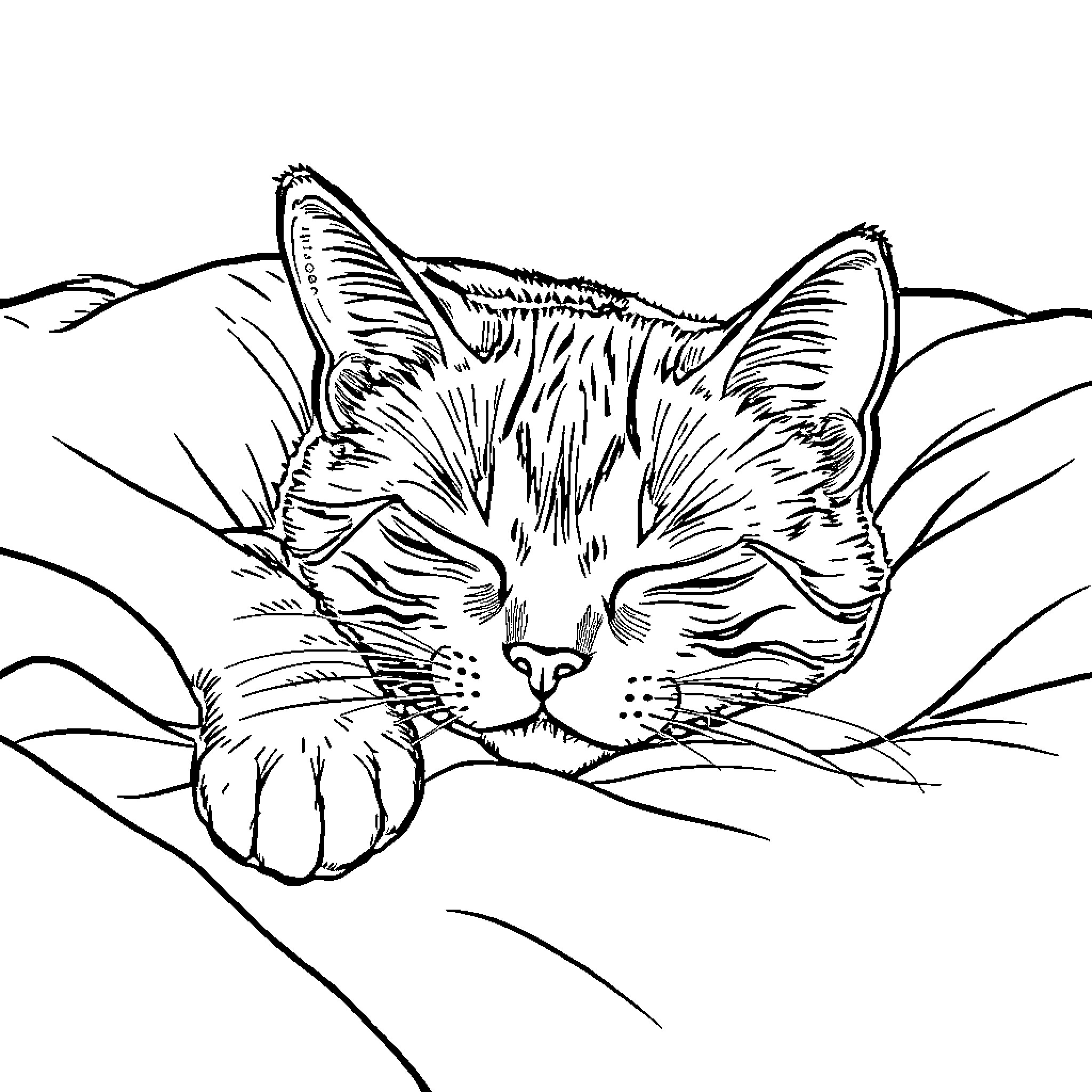 Cat snuggled in cozy bed Coloring Page (free black-and-white line drawing printable PDF for all, from beginners to advanced learners, including children, teens, adults, and seniors)