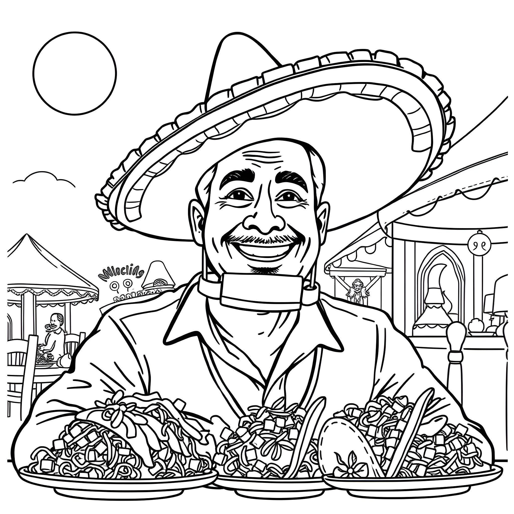 Mexican man serving traditional food with a smile Coloring Page (free black-and-white line drawing printable PDF for all, from beginners to advanced learners, including children, teens, adults, and seniors)