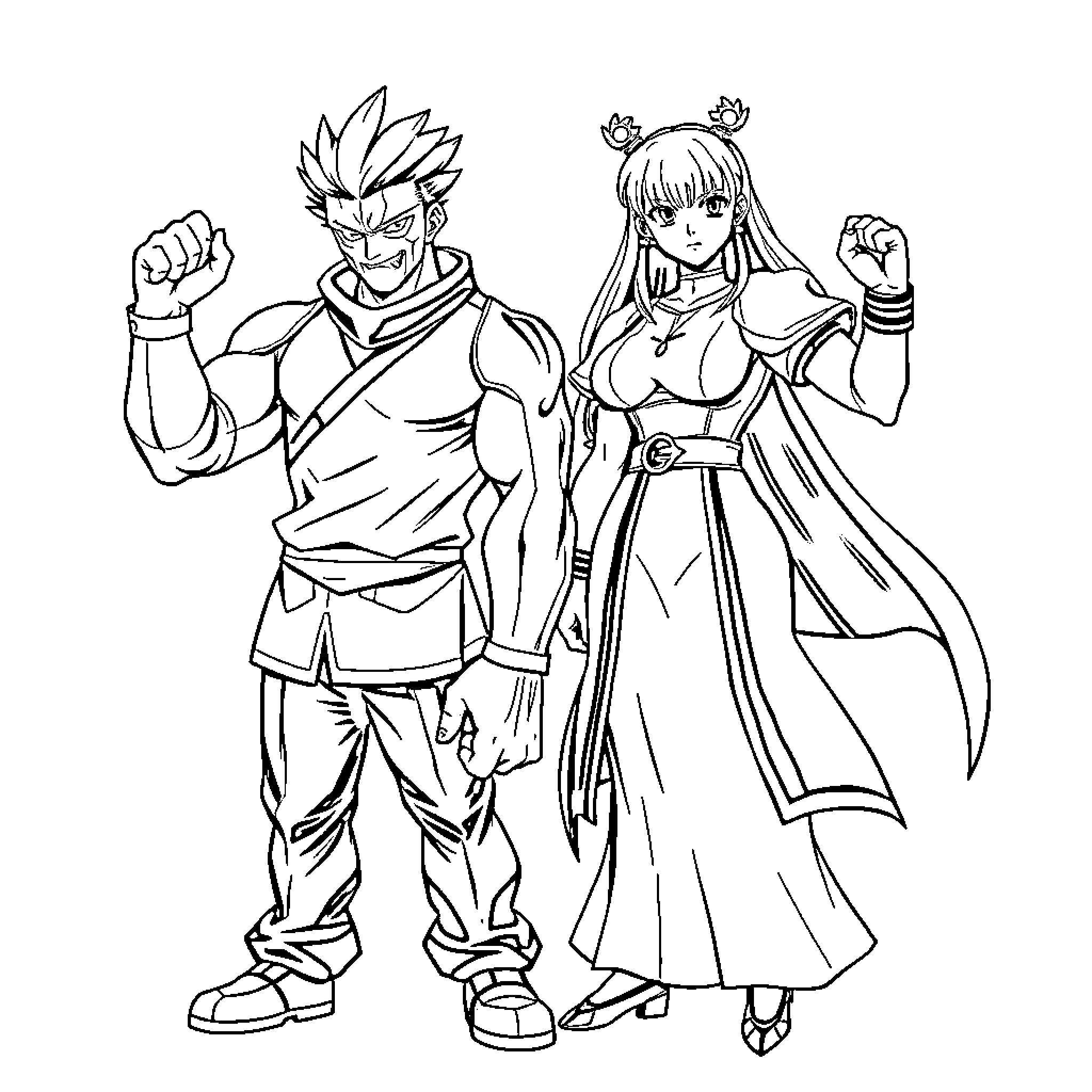 Tengen Heroic Duo Posing Defiantly Coloring Page (free black-and-white line drawing printable PDF for all, from beginners to advanced learners, including children, teens, adults, and seniors)