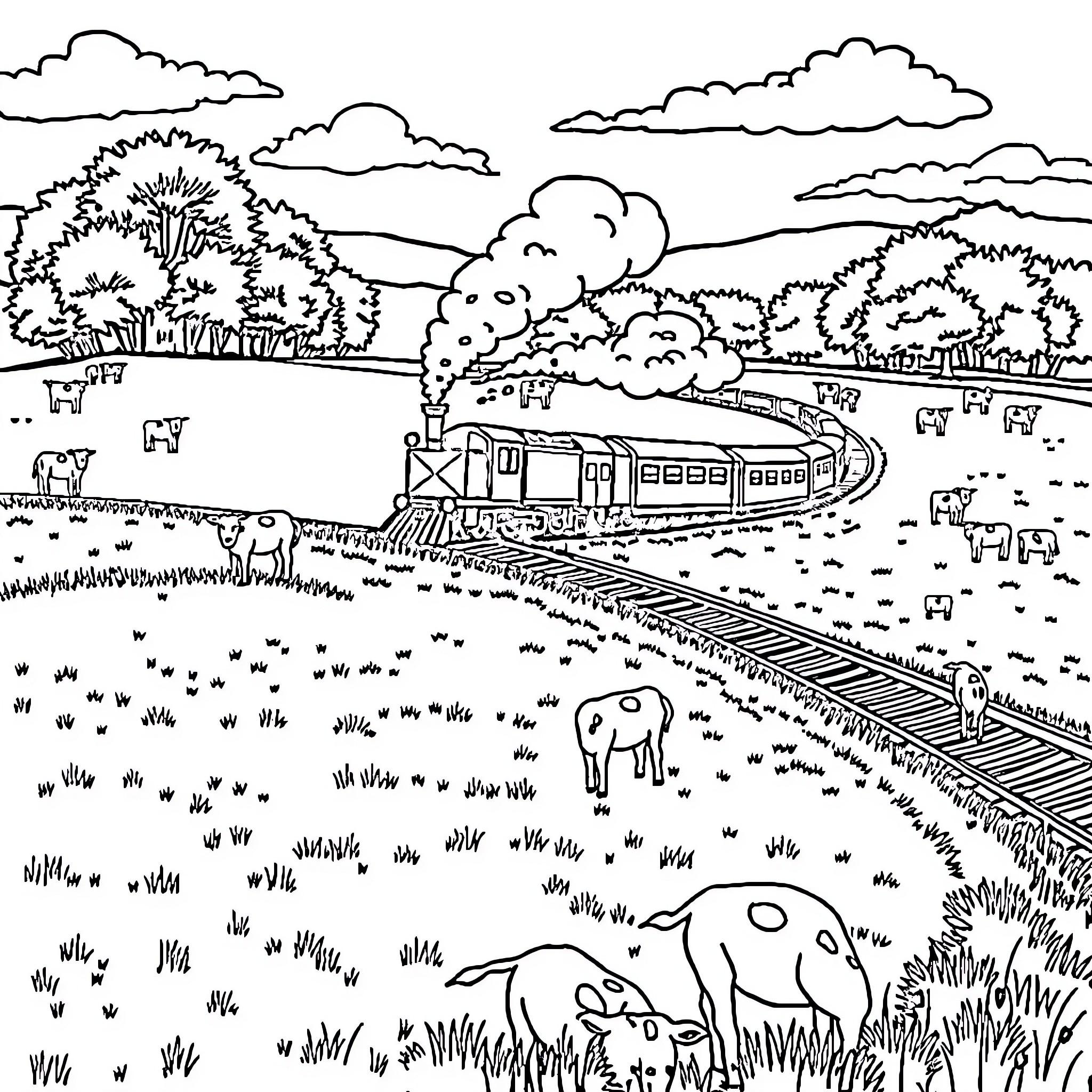 Train passing through a scenic countryside landscape Coloring Page (free black-and-white line drawing printable PDF for all, from beginners to advanced learners, including children, teens, adults, and seniors)