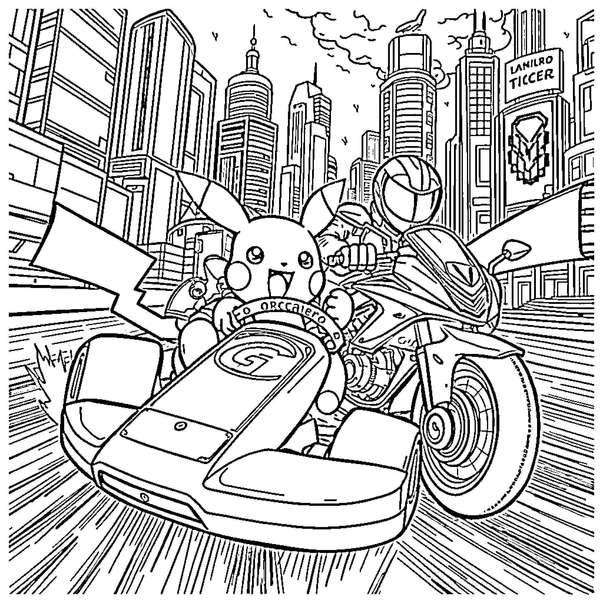 Pikachu's High-Speed Adventure in the City Coloring Page (free black-and-white line drawing printable PDF for all, from beginners to advanced learners, including children, teens, adults, and seniors)