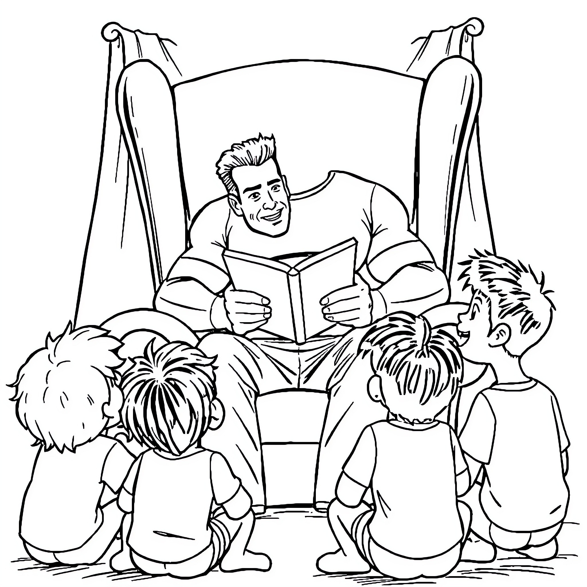 Arnold Schwarzenegger reading to children Coloring Page (free black-and-white line drawing printable PDF for all, from beginners to advanced learners, including children, teens, adults, and seniors)
