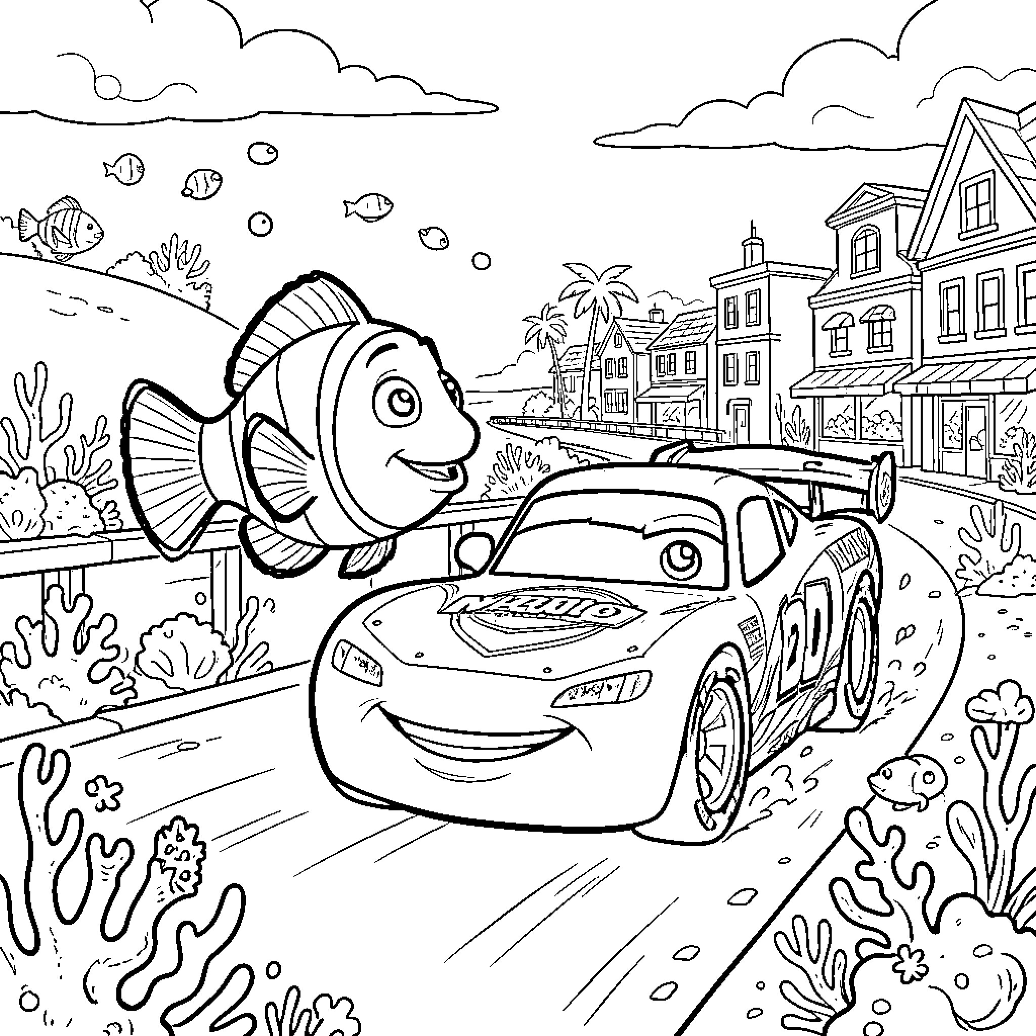 Nemo swimming happily alongside a smiling race car Coloring Page (free black-and-white line drawing printable PDF for all, from beginners to advanced learners, including children, teens, adults, and seniors)