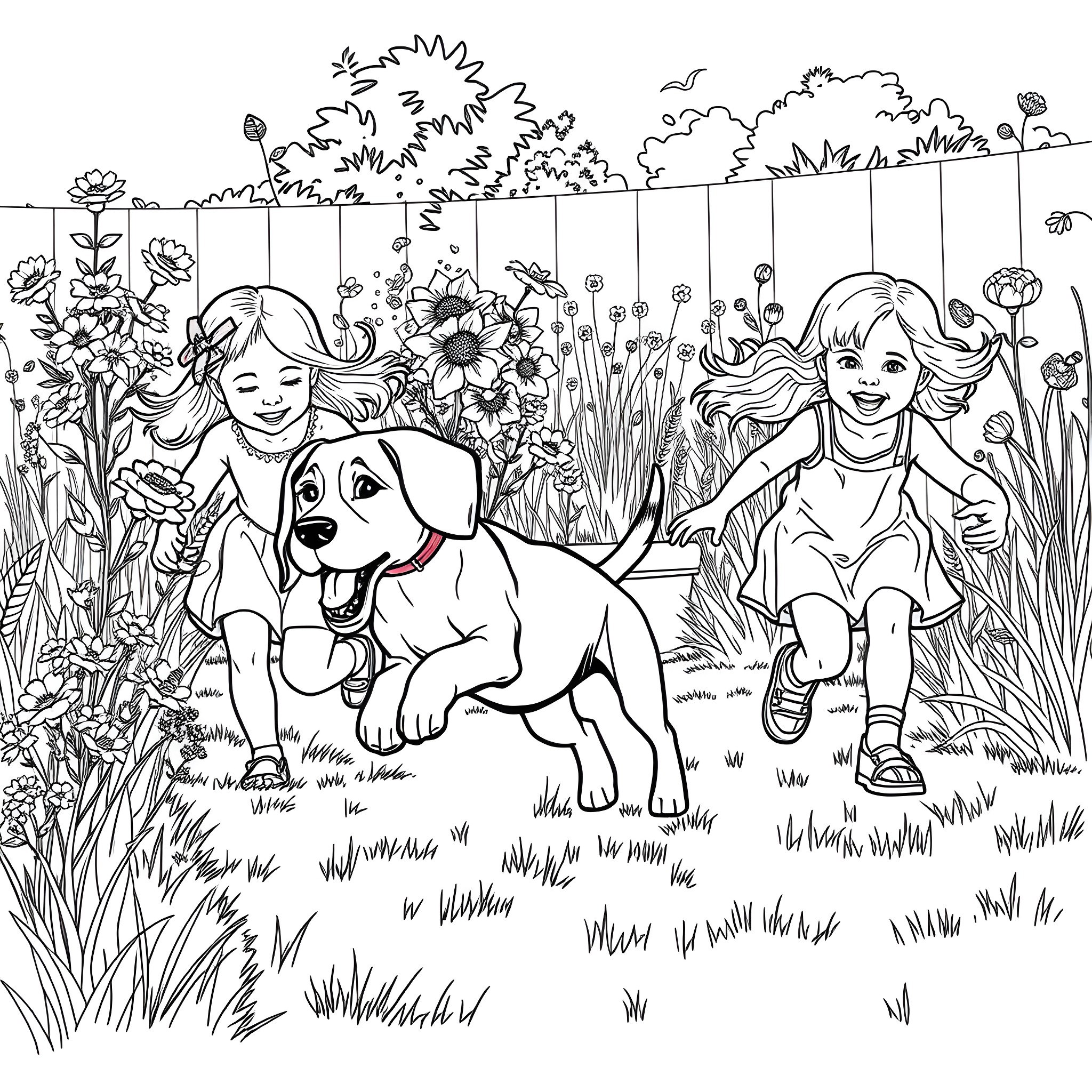 Beagle puppy playing with girls in a garden Coloring Page (free black-and-white line drawing printable PDF for all, from beginners to advanced learners, including children, teens, adults, and seniors)