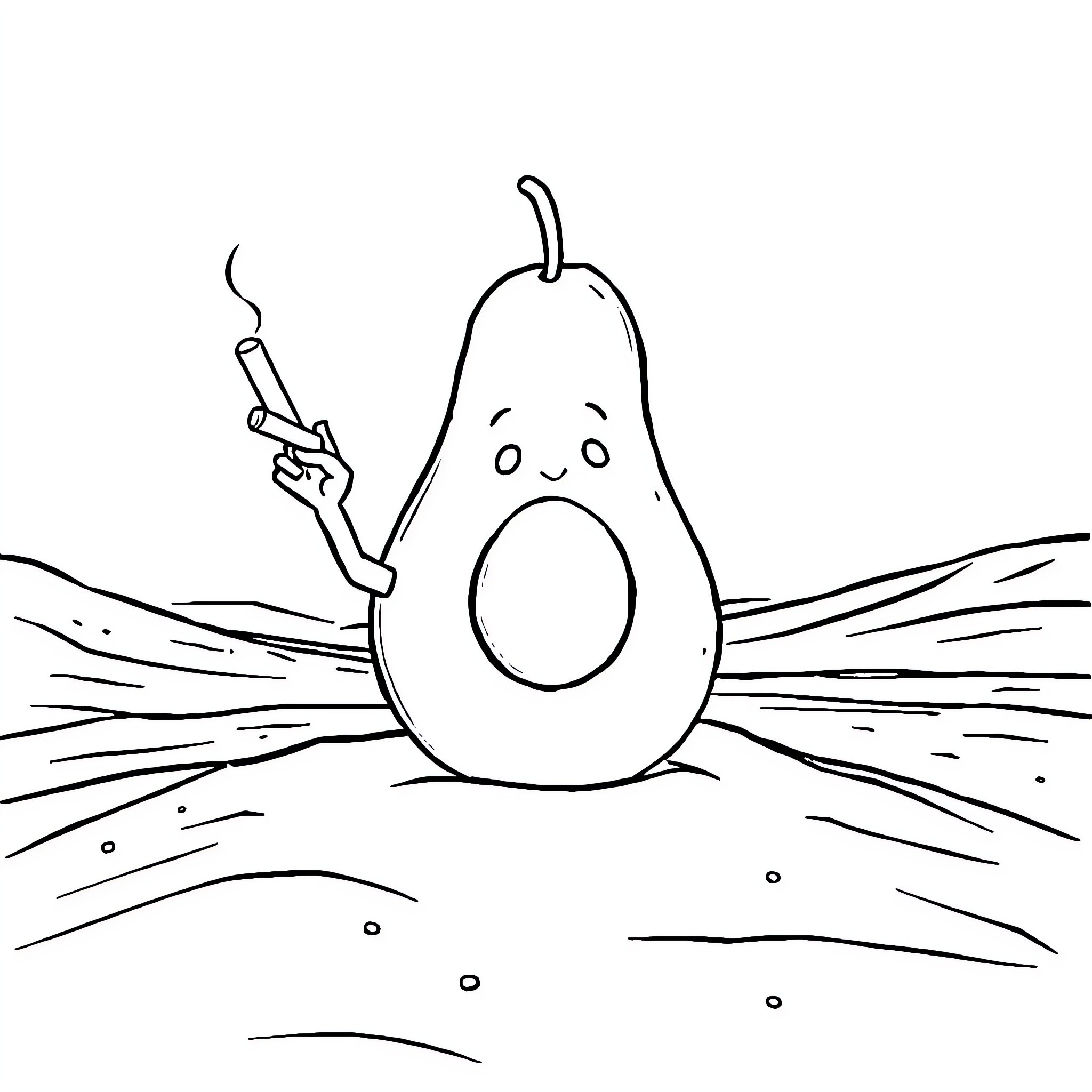 Avocado smoking in a field Coloring Page (free black-and-white line drawing printable PDF for all, from beginners to advanced learners, including children, teens, adults, and seniors)