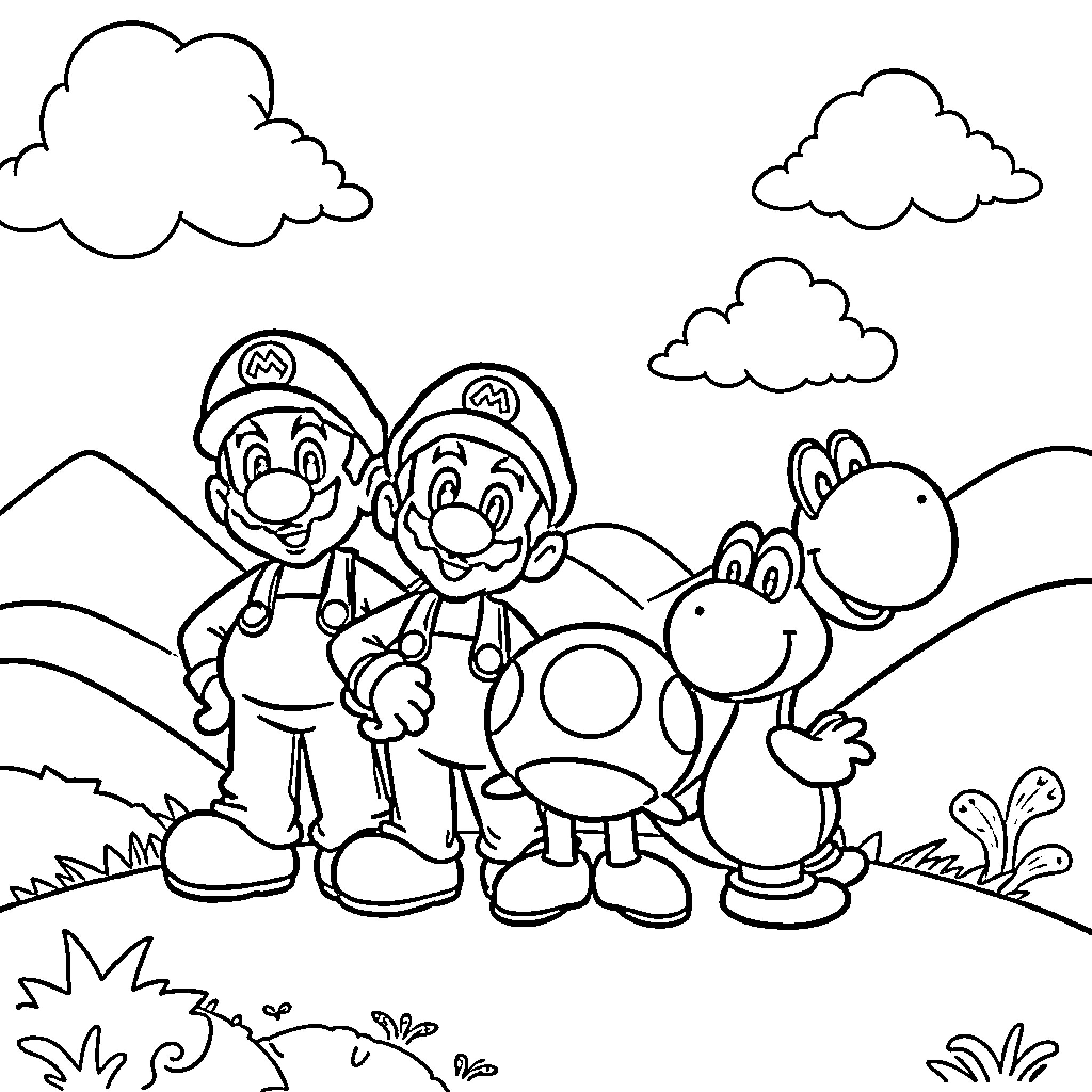Mario and Luigi's Adventure in the Meadow Coloring Page (free black-and-white line drawing printable PDF for all, from beginners to advanced learners, including children, teens, adults, and seniors)
