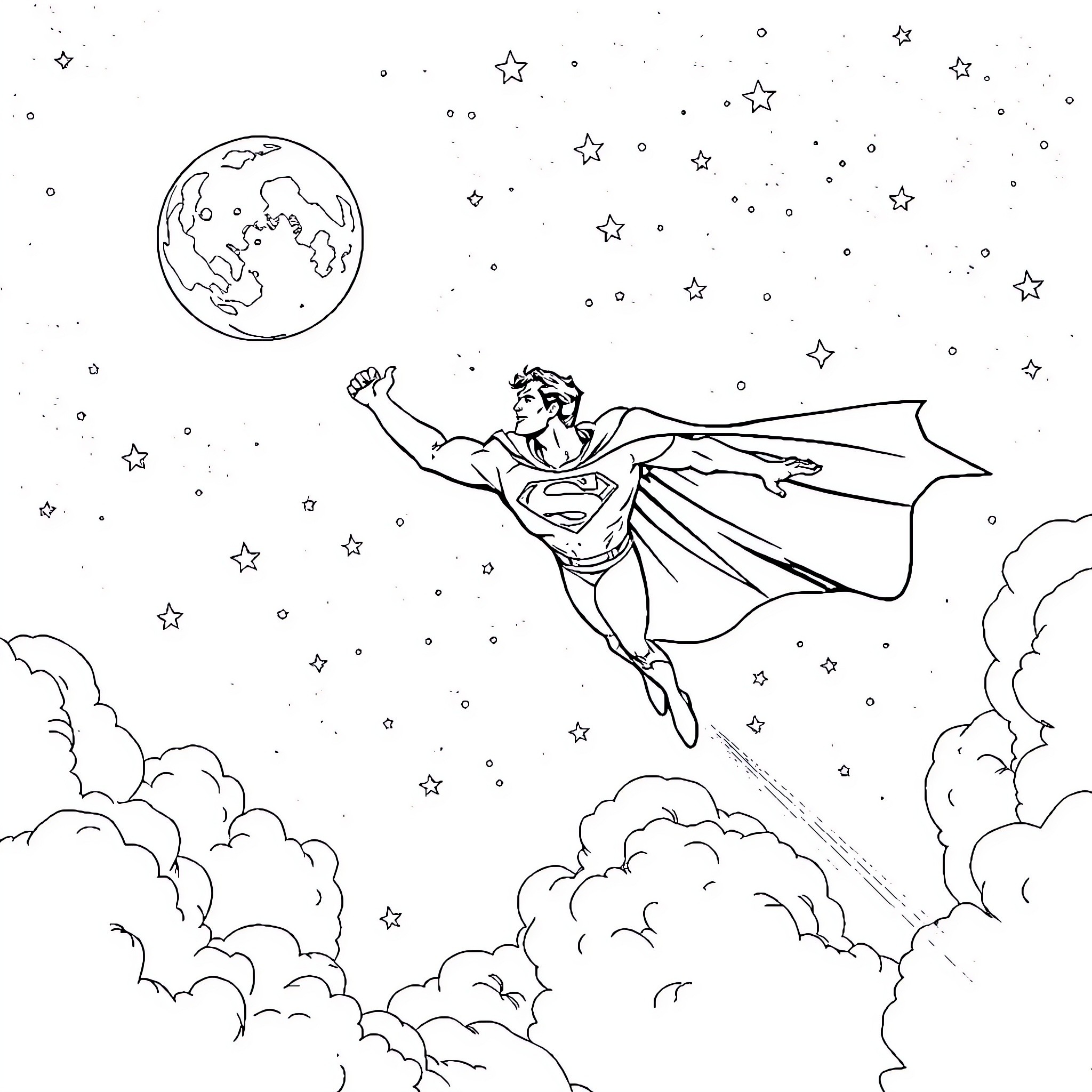 Superman soaring through the starry night sky Coloring Page (free black-and-white line drawing printable PDF for all, from beginners to advanced learners, including children, teens, adults, and seniors)
