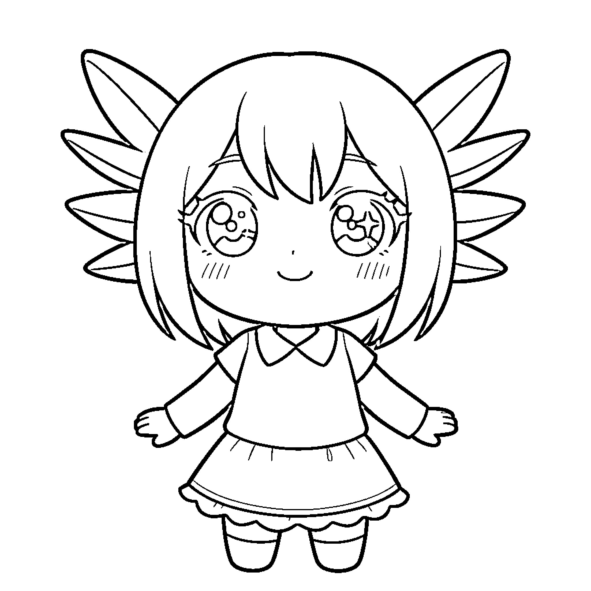 Axolotl girl with cheerful expression Coloring Page (free black-and-white line drawing printable PDF for all, from beginners to advanced learners, including children, teens, adults, and seniors)