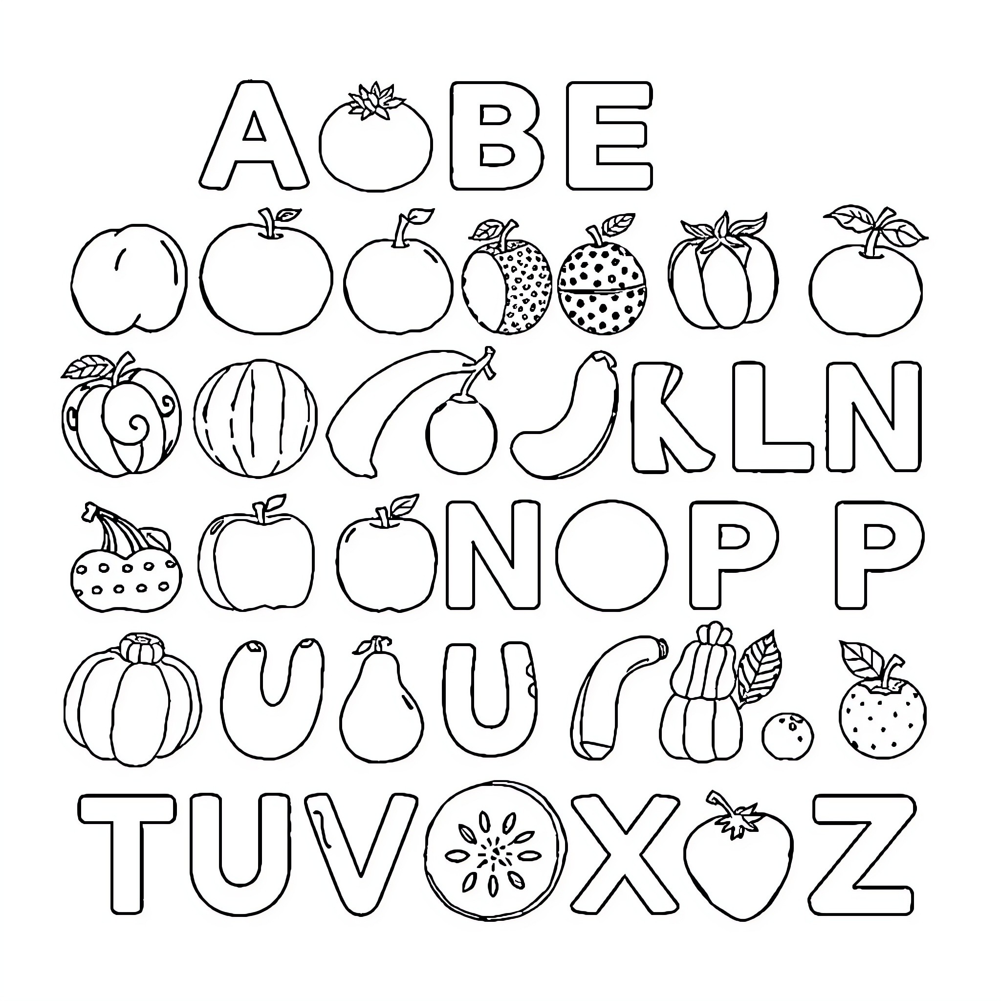 Fruit alphabet with illustrations Coloring Page (free black-and-white line drawing printable PDF for all, from beginners to advanced learners, including children, teens, adults, and seniors)