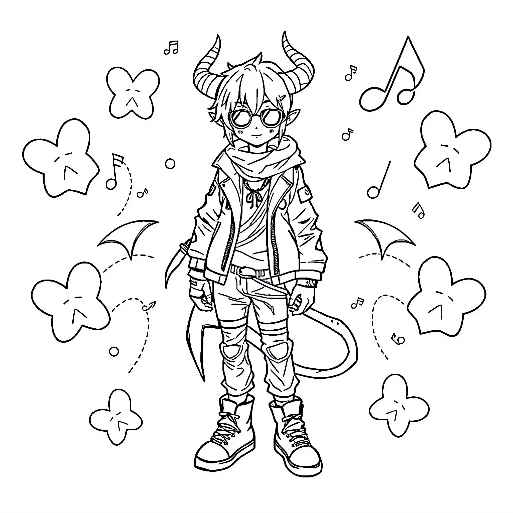 Rumi the musical demon enjoying the melodies Coloring Page (free black-and-white line drawing printable PDF for all, from beginners to advanced learners, including children, teens, adults, and seniors)