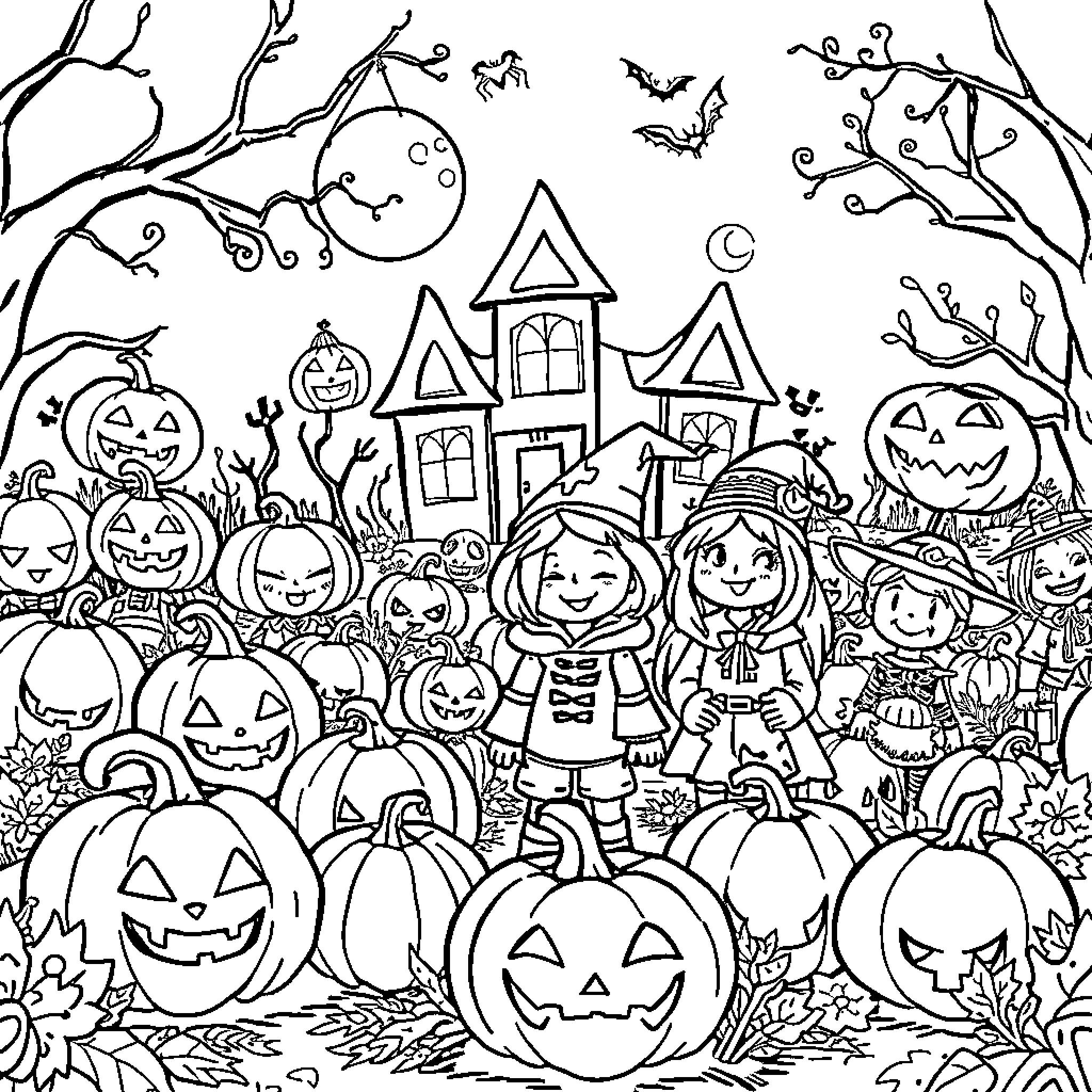 Halloween Celebration with Costumed Characters and Pumpkins Coloring Page (free black-and-white line drawing printable PDF for all, from beginners to advanced learners, including children, teens, adults, and seniors)