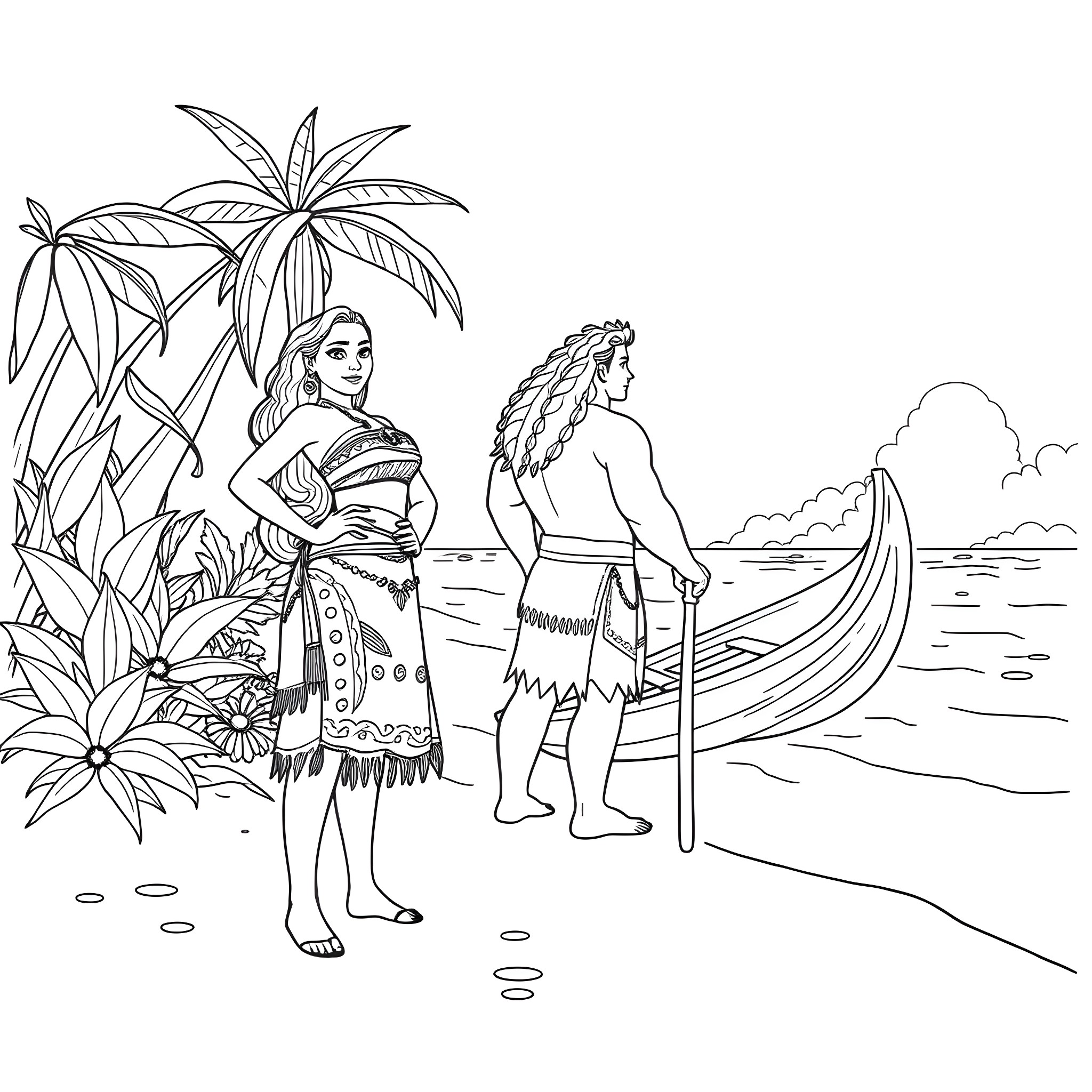 Moana and Maui on a tropical island beach Coloring Page (free black-and-white line drawing printable PDF for all, from beginners to advanced learners, including children, teens, adults, and seniors)
