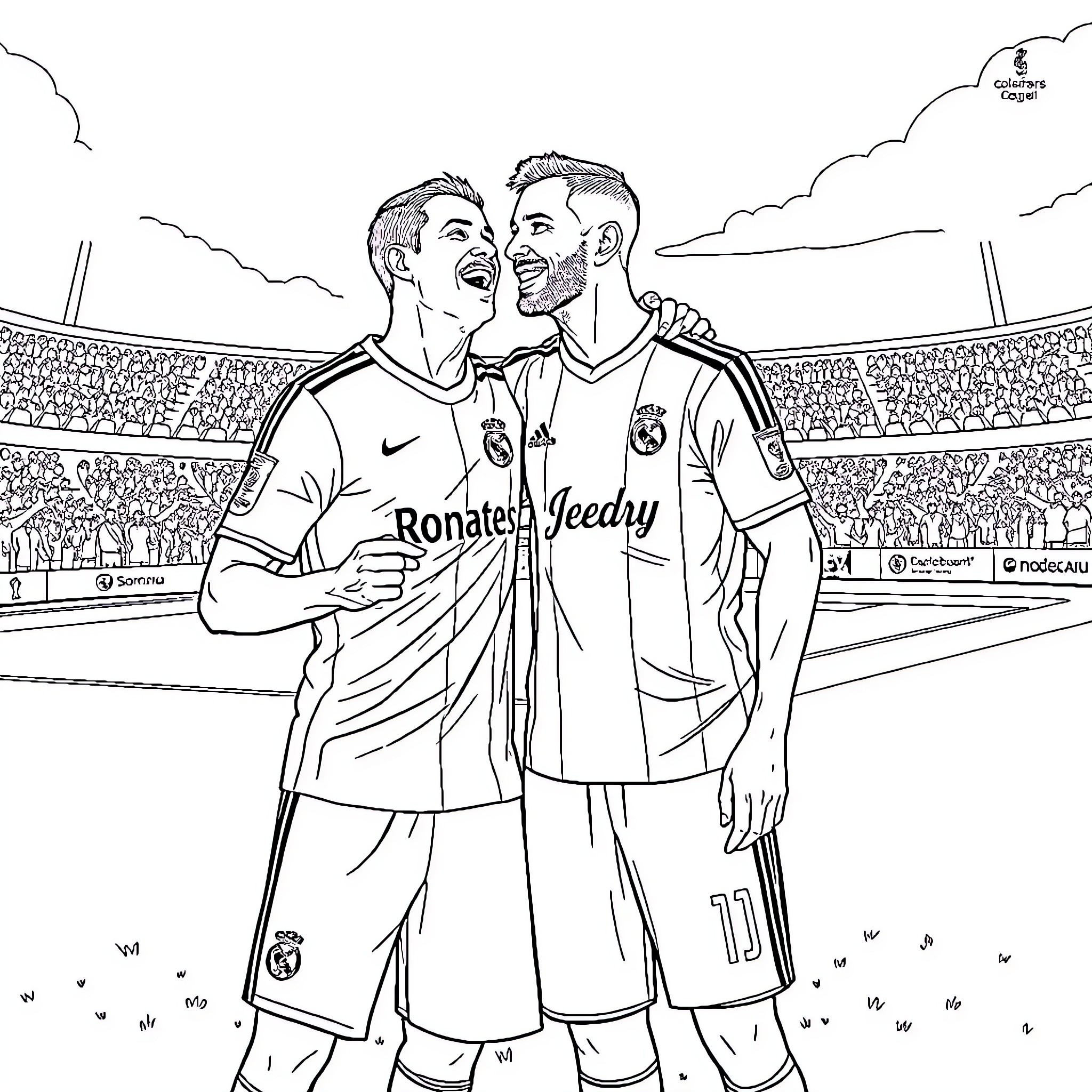 Ronaldo and Teammates Celebrating on the Field Coloring Page (free black-and-white line drawing printable PDF for all, from beginners to advanced learners, including children, teens, adults, and seniors)
