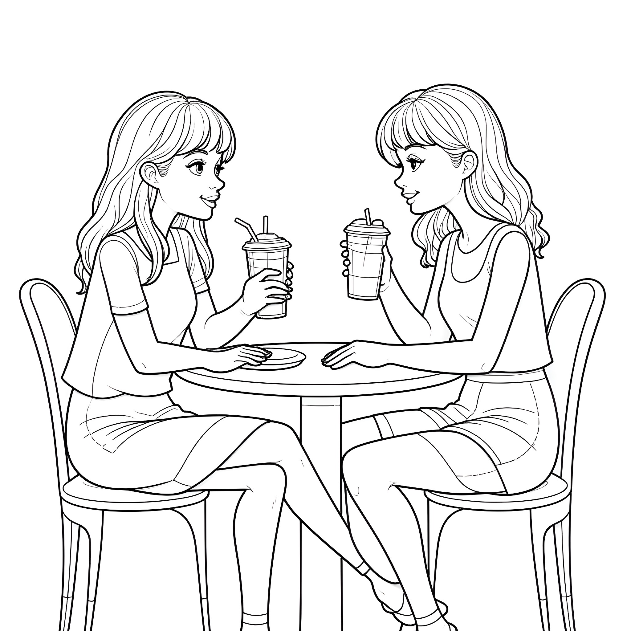 Golden Girls Enjoying Drinks Together Coloring Page (free black-and-white line drawing printable PDF for all, from beginners to advanced learners, including children, teens, adults, and seniors)