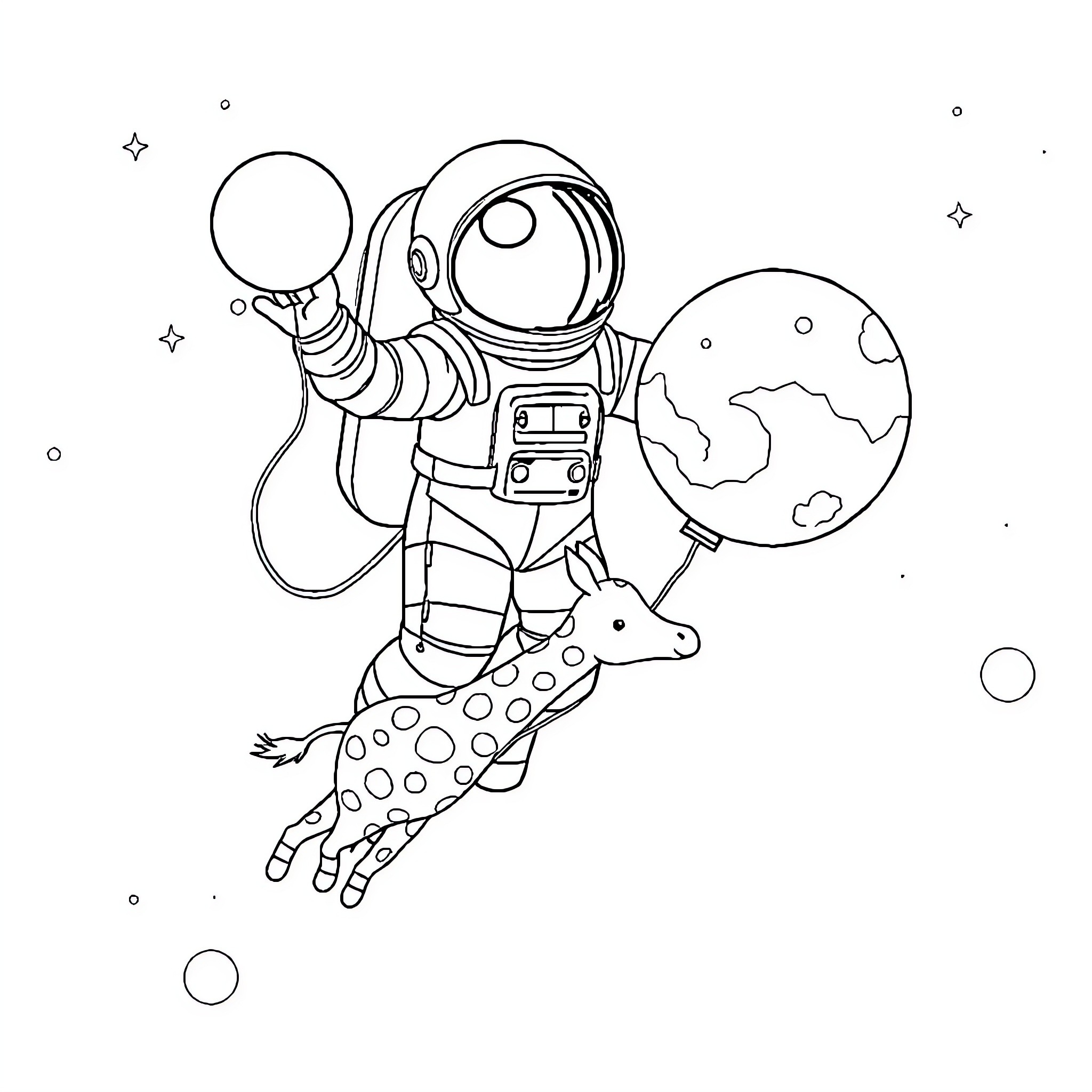 Astronaut exploring outer space with a spotted animal Coloring Page (free black-and-white line drawing printable PDF for all, from beginners to advanced learners, including children, teens, adults, and seniors)