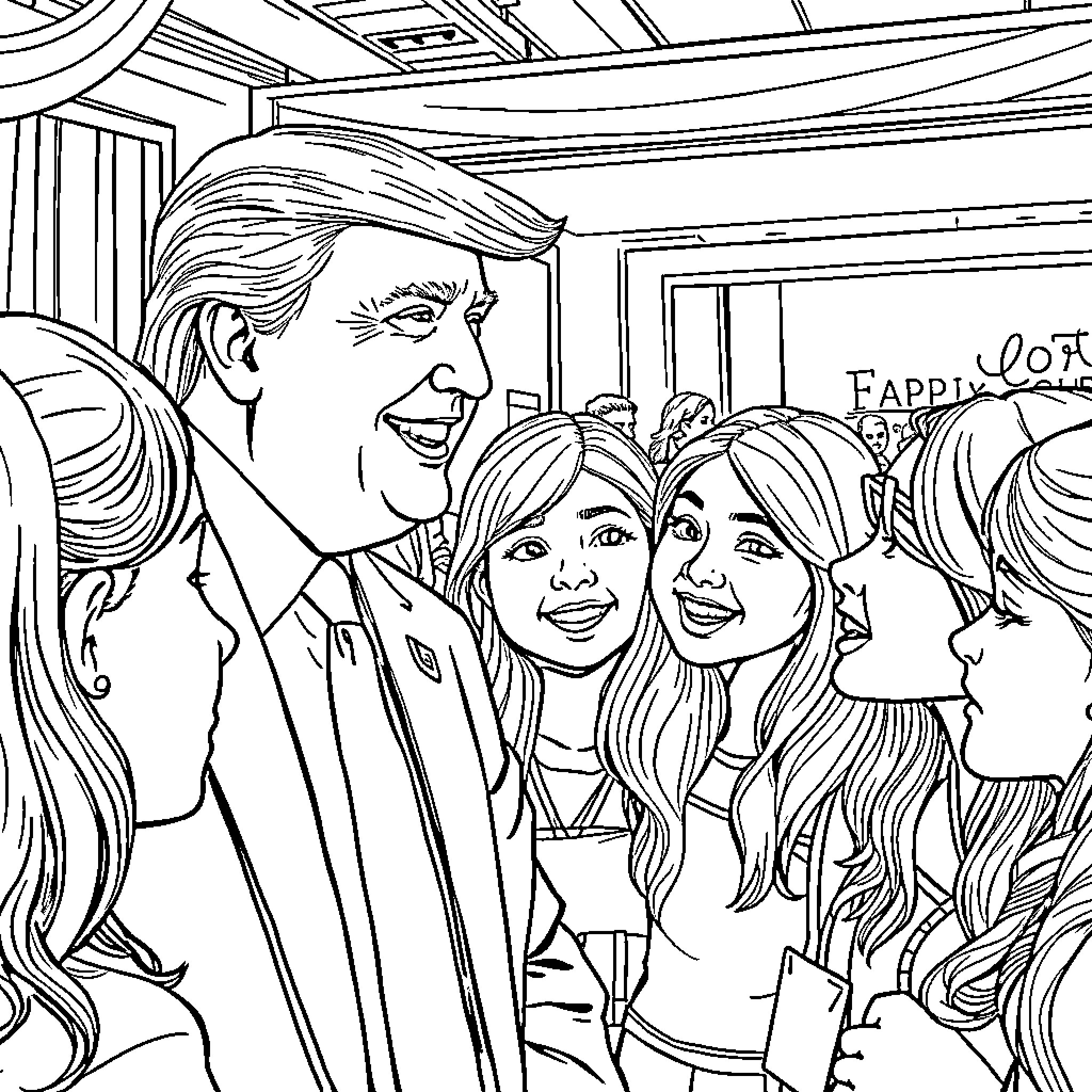 Donald Trump Surrounded by Supporters at a Campaign Rally Coloring Page (free black-and-white line drawing printable PDF for all, from beginners to advanced learners, including children, teens, adults, and seniors)