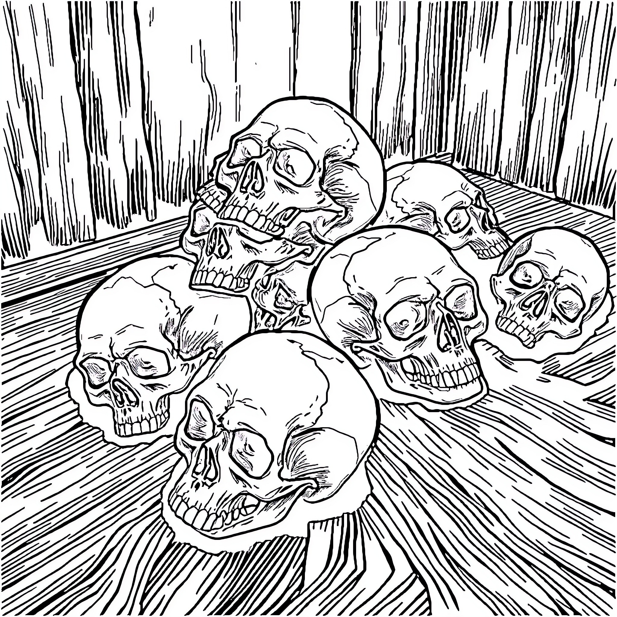 Skull pile in a dark, abstract environment Coloring Page (free black-and-white line drawing printable PDF for all, from beginners to advanced learners, including children, teens, adults, and seniors)
