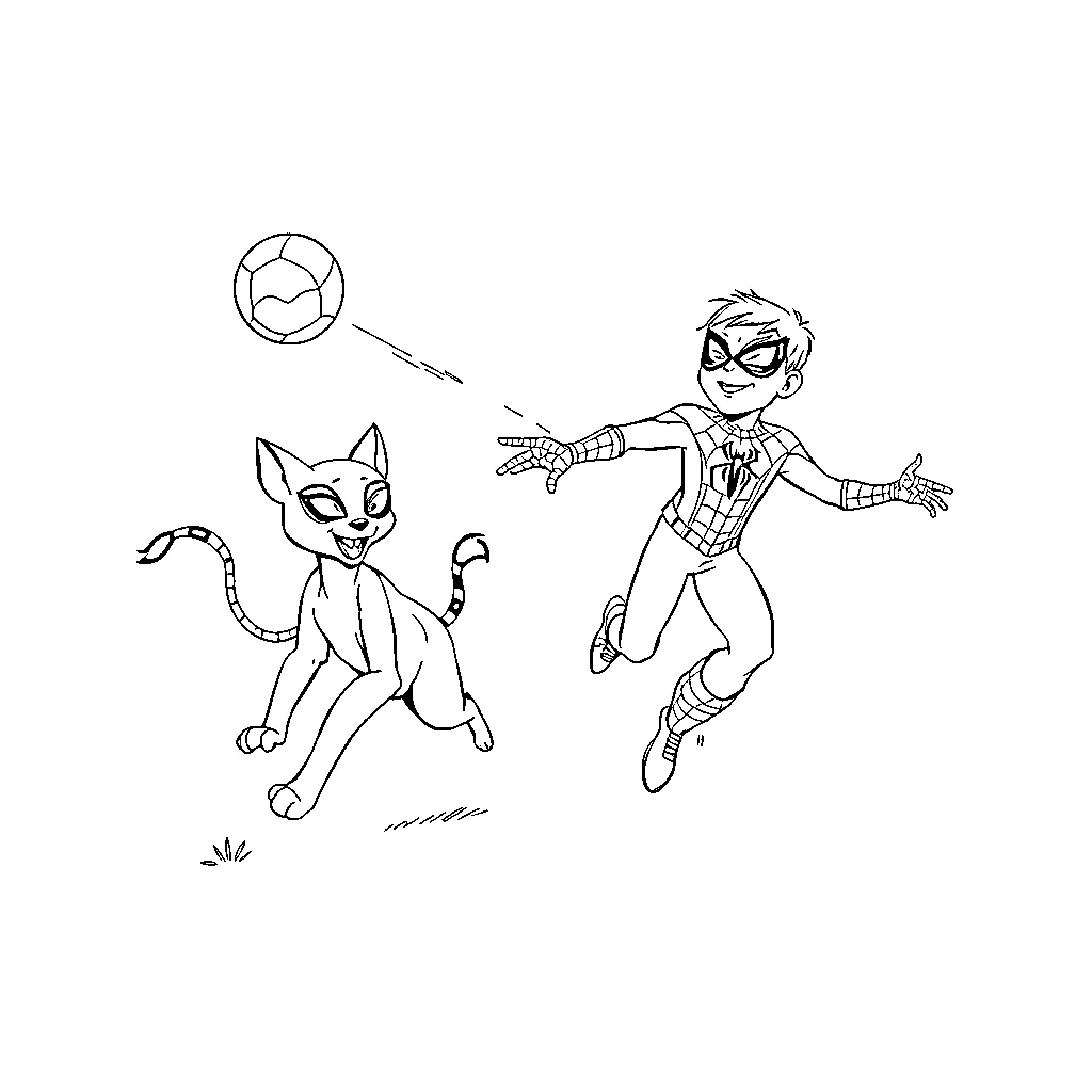 Perrita playing with superhero in the park Coloring Page (free black-and-white line drawing printable PDF for all, from beginners to advanced learners, including children, teens, adults, and seniors)