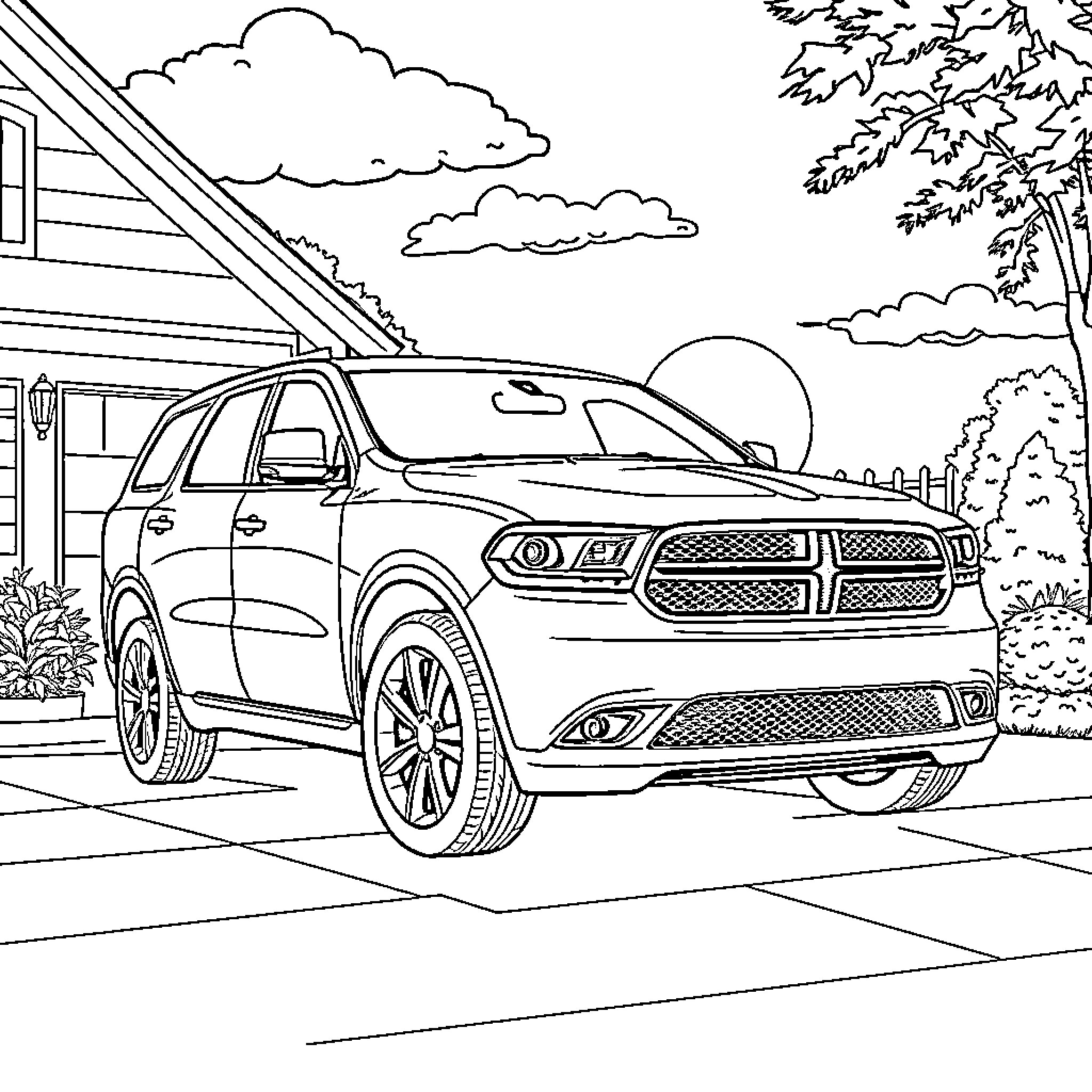 Dodge Durango parked in front of scenic landscape Coloring Page (free black-and-white line drawing printable PDF for all, from beginners to advanced learners, including children, teens, adults, and seniors)