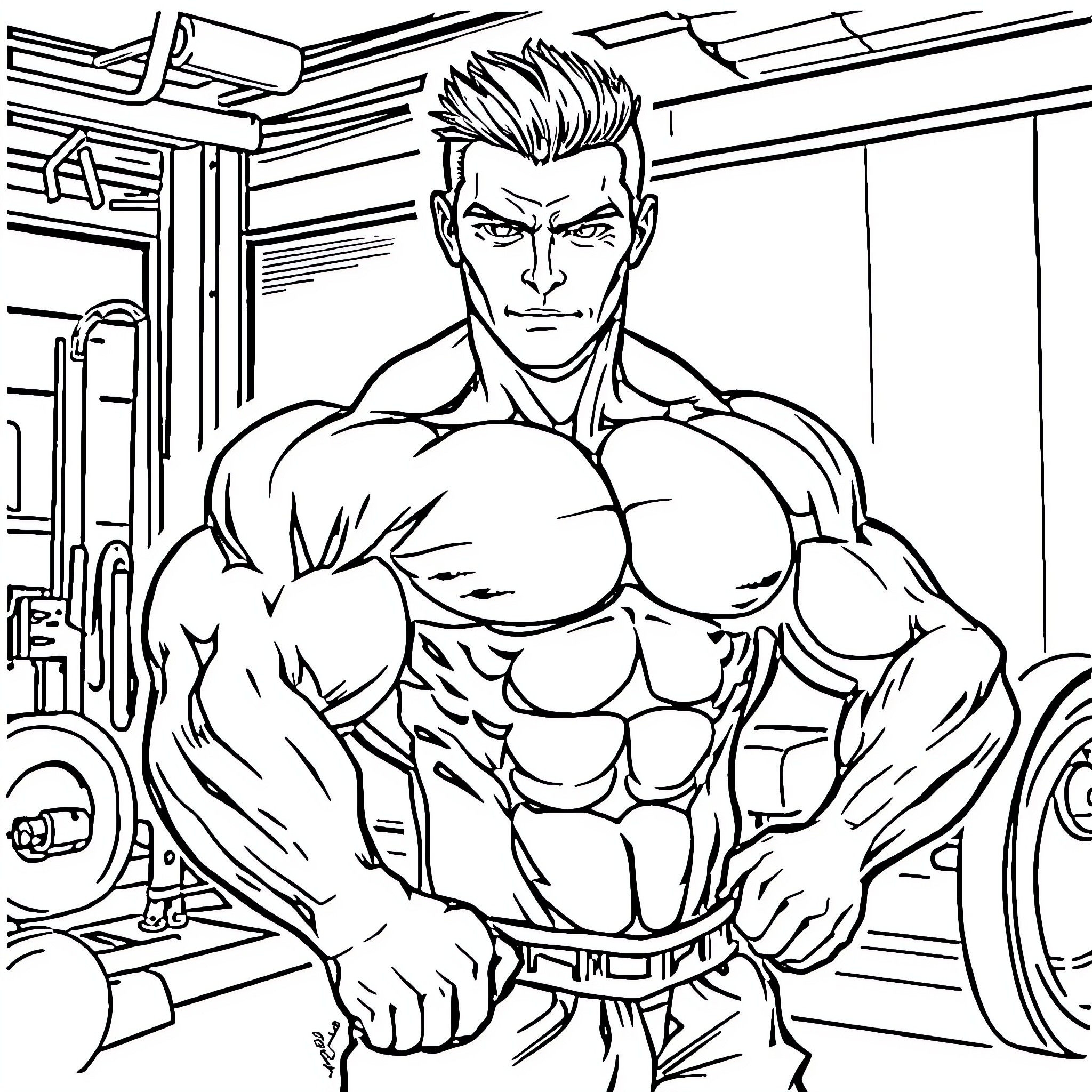 Muscle Man Lifting Weights in Gym Coloring Page (free black-and-white line drawing printable PDF for all, from beginners to advanced learners, including children, teens, adults, and seniors)