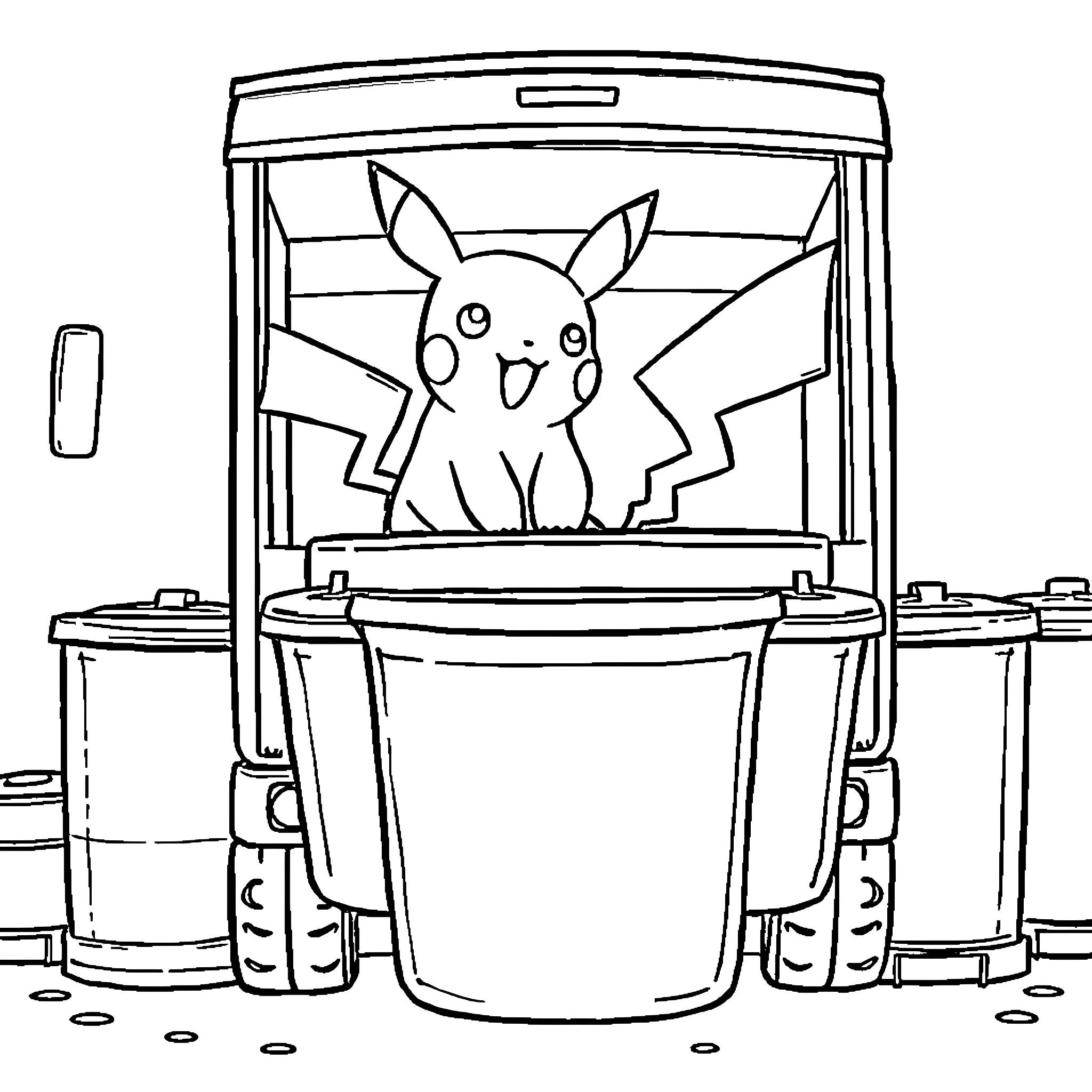 Pikachu cheerfully appearing in arcade game Coloring Page (free black-and-white line drawing printable PDF for all, from beginners to advanced learners, including children, teens, adults, and seniors)
