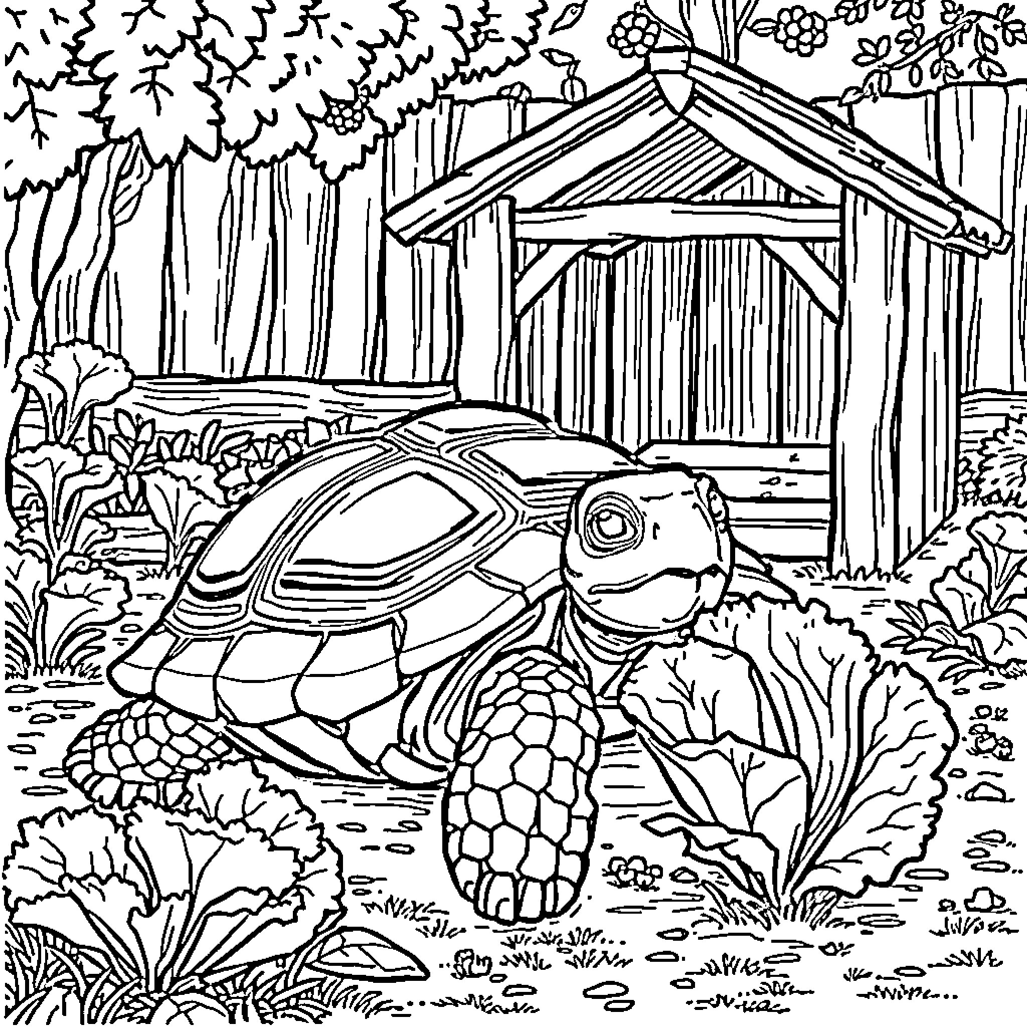 Tortoise strolling through a lush forest landscape Coloring Page (free black-and-white line drawing printable PDF for all, from beginners to advanced learners, including children, teens, adults, and seniors)