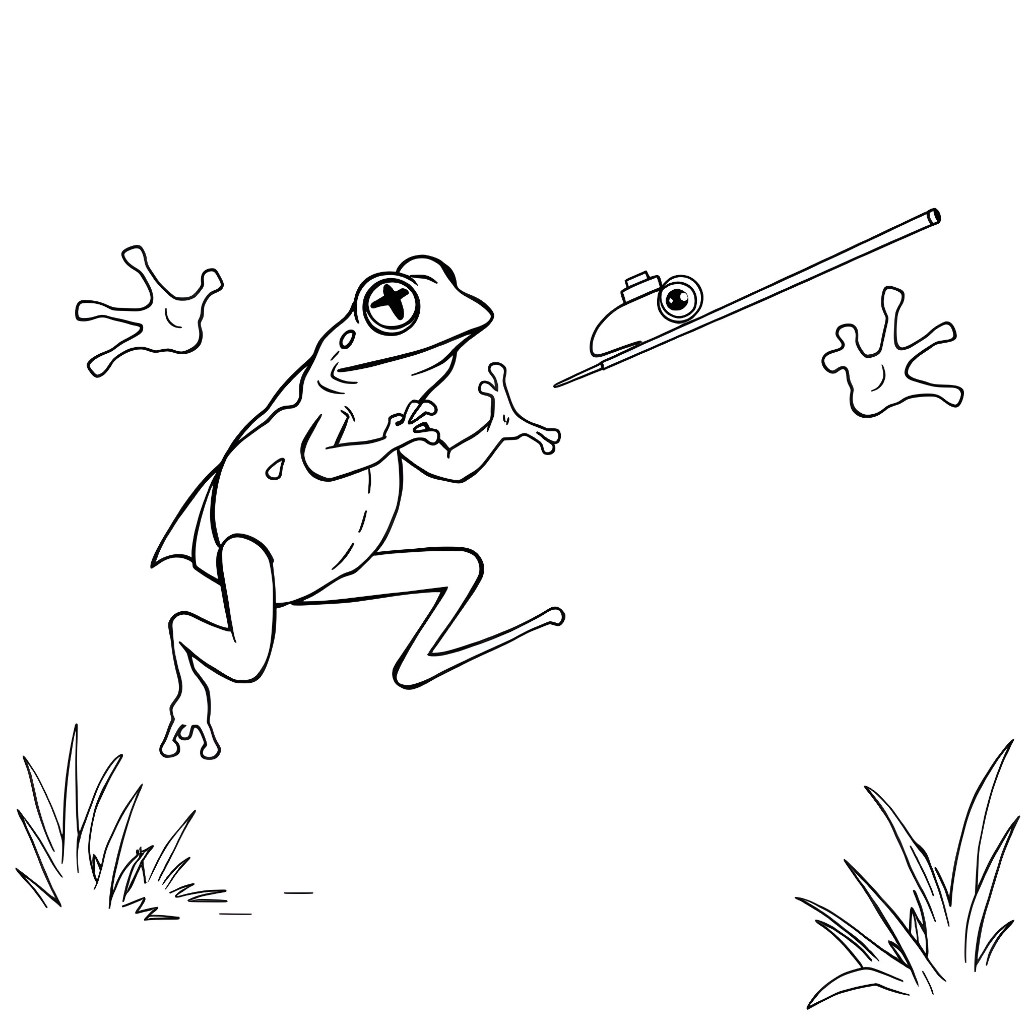 Frog jumping excitedly with a fishing rod Coloring Page (free black-and-white line drawing printable PDF for all, from beginners to advanced learners, including children, teens, adults, and seniors)