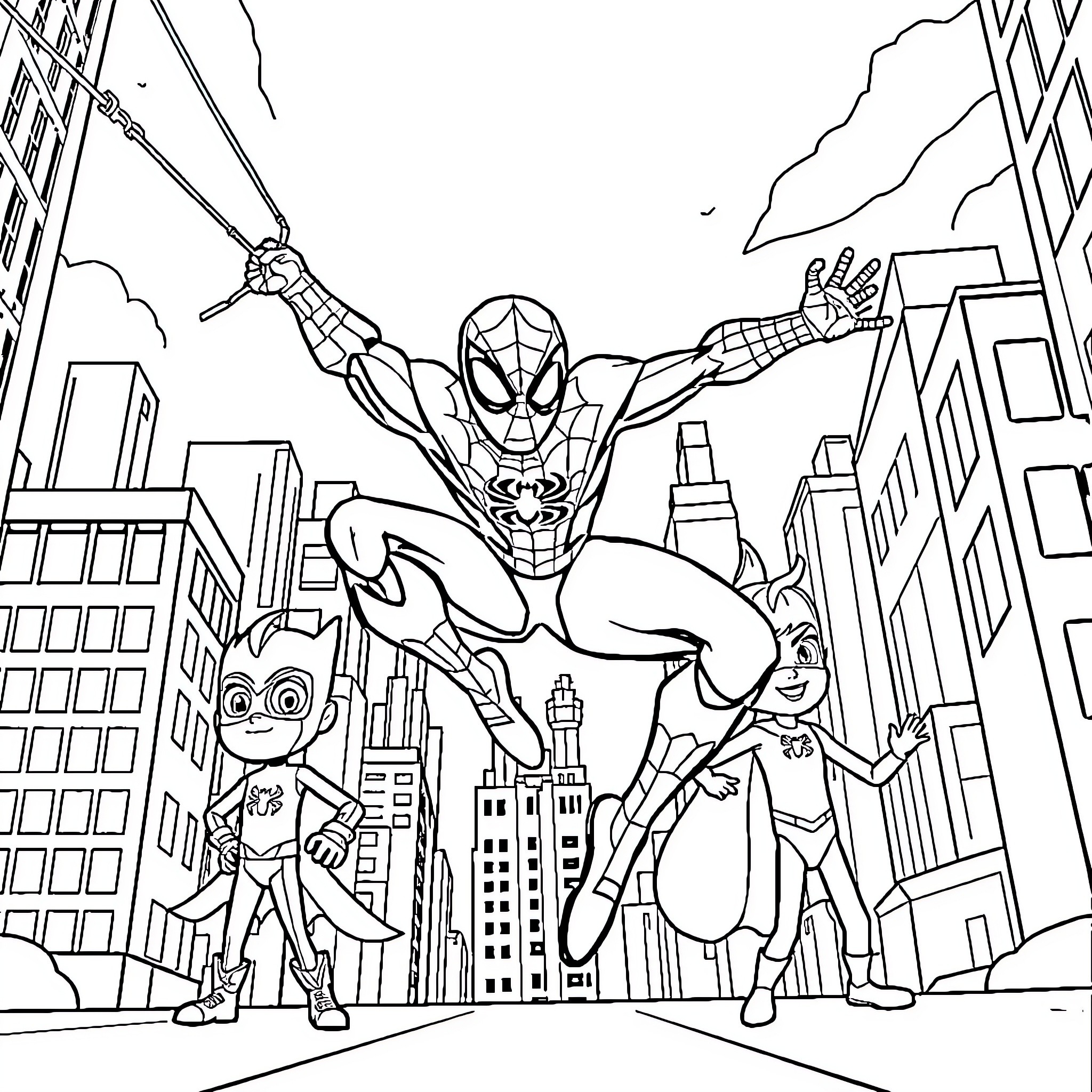 Spiderman swinging into action with sidekicks Coloring Page (free black-and-white line drawing printable PDF for all, from beginners to advanced learners, including children, teens, adults, and seniors)